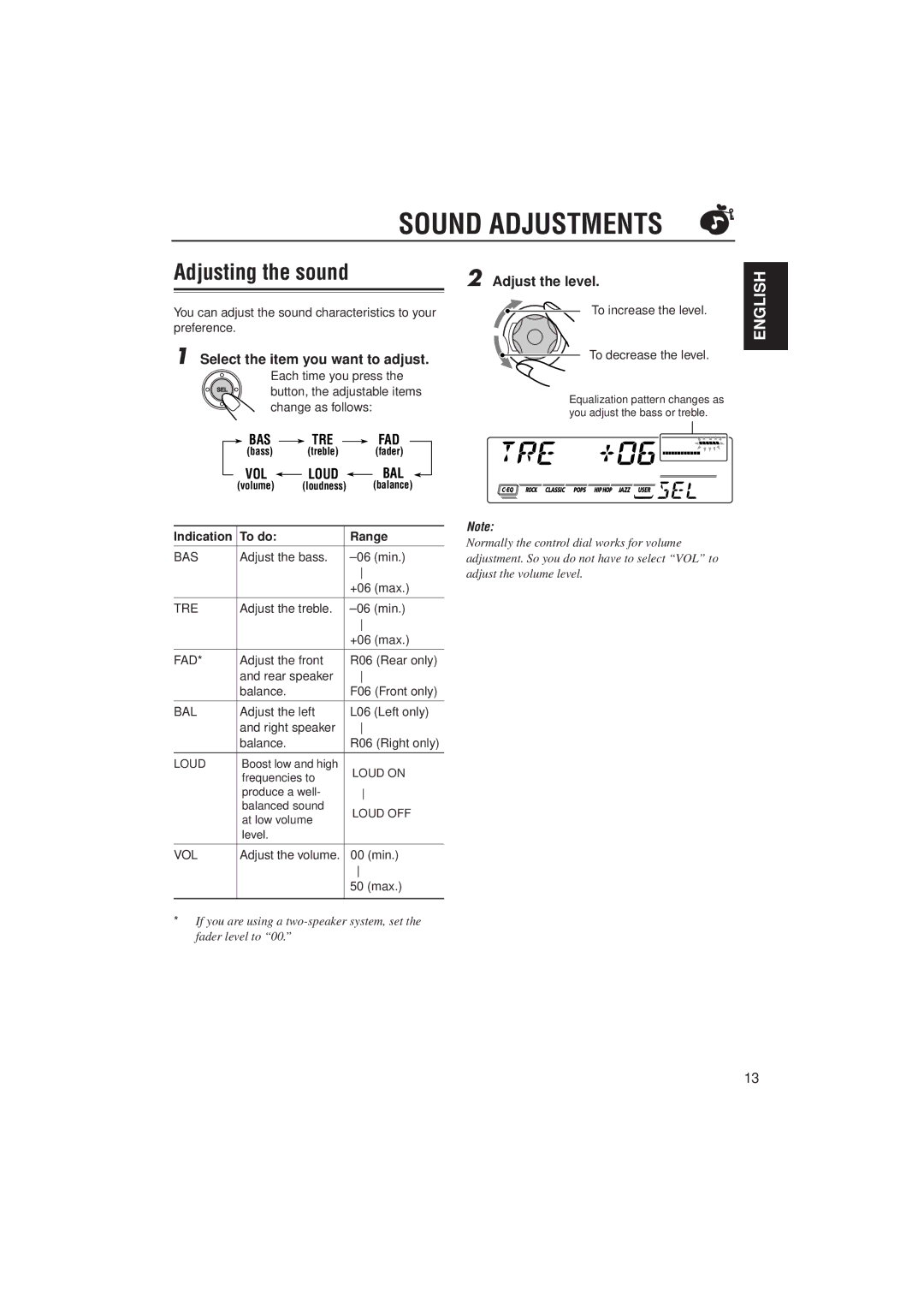 JVC KS-FX811, KS-FX911 manual Sound Adjustments, Adjusting the sound 