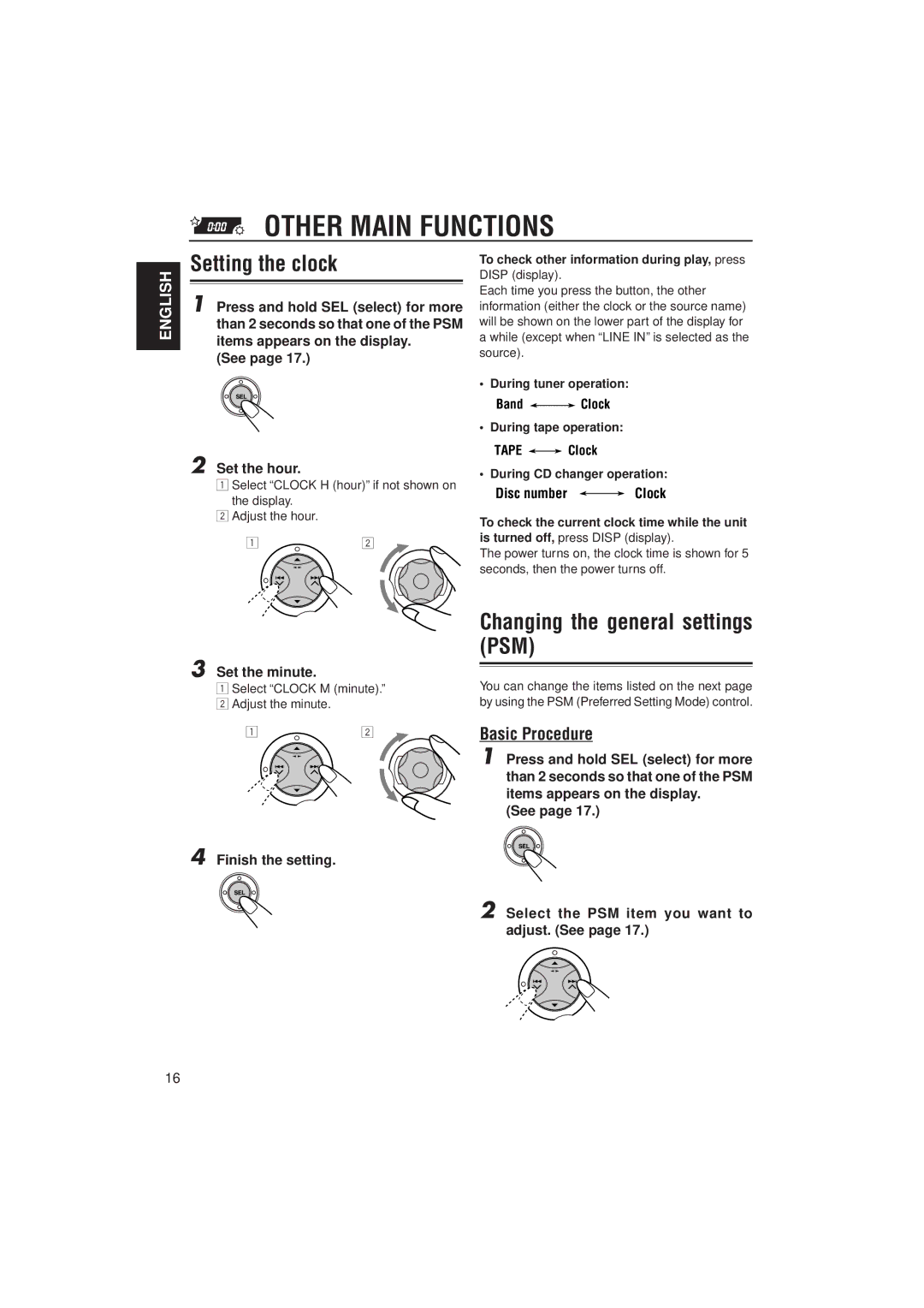 JVC KS-FX911, KS-FX811 manual Other Main Functions, Setting the clock, Changing the general settings PSM, Basic Procedure 