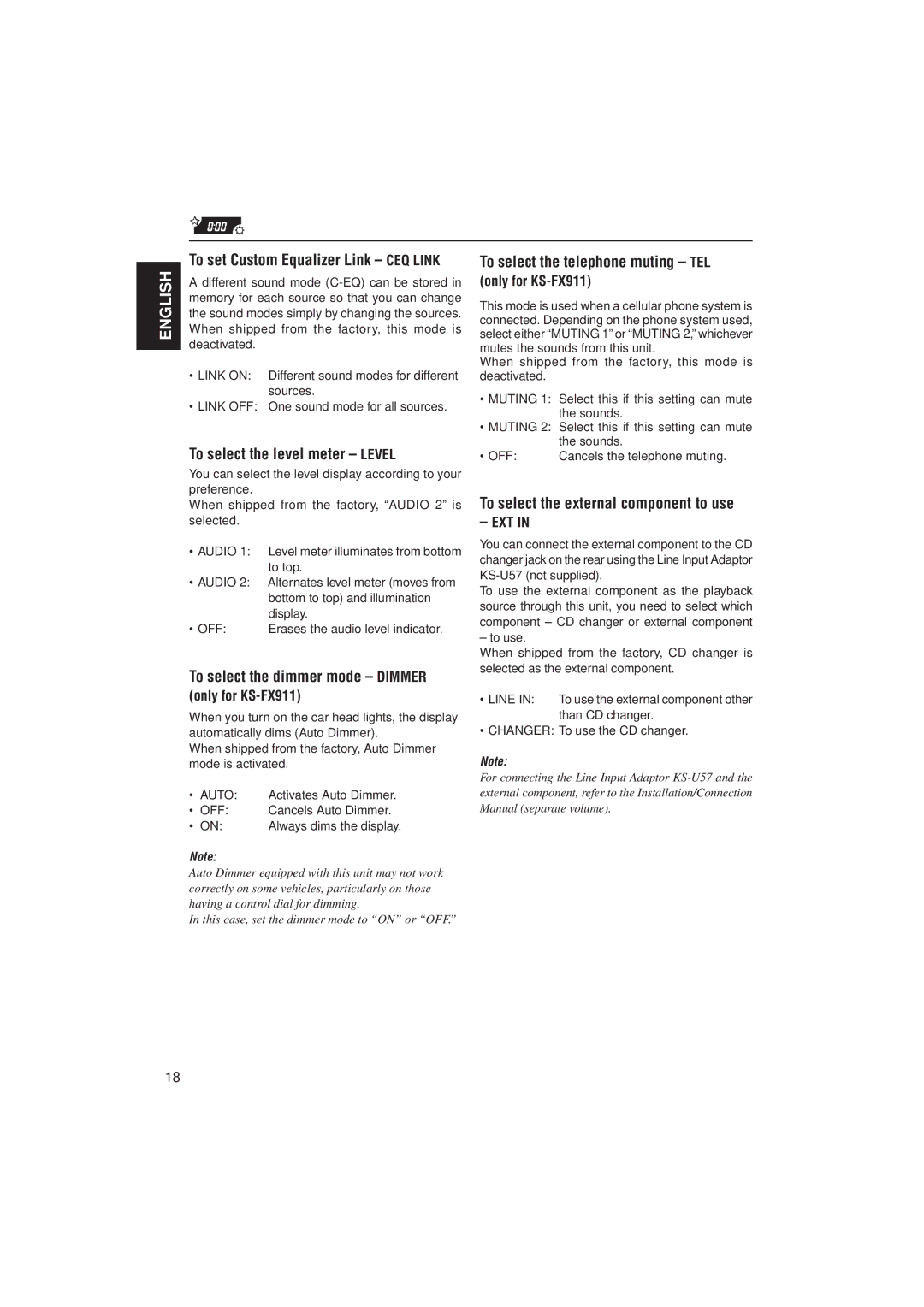 JVC KS-FX911 To select the level meter Level, To select the dimmer mode Dimmer, To select the telephone muting TEL, Ext 