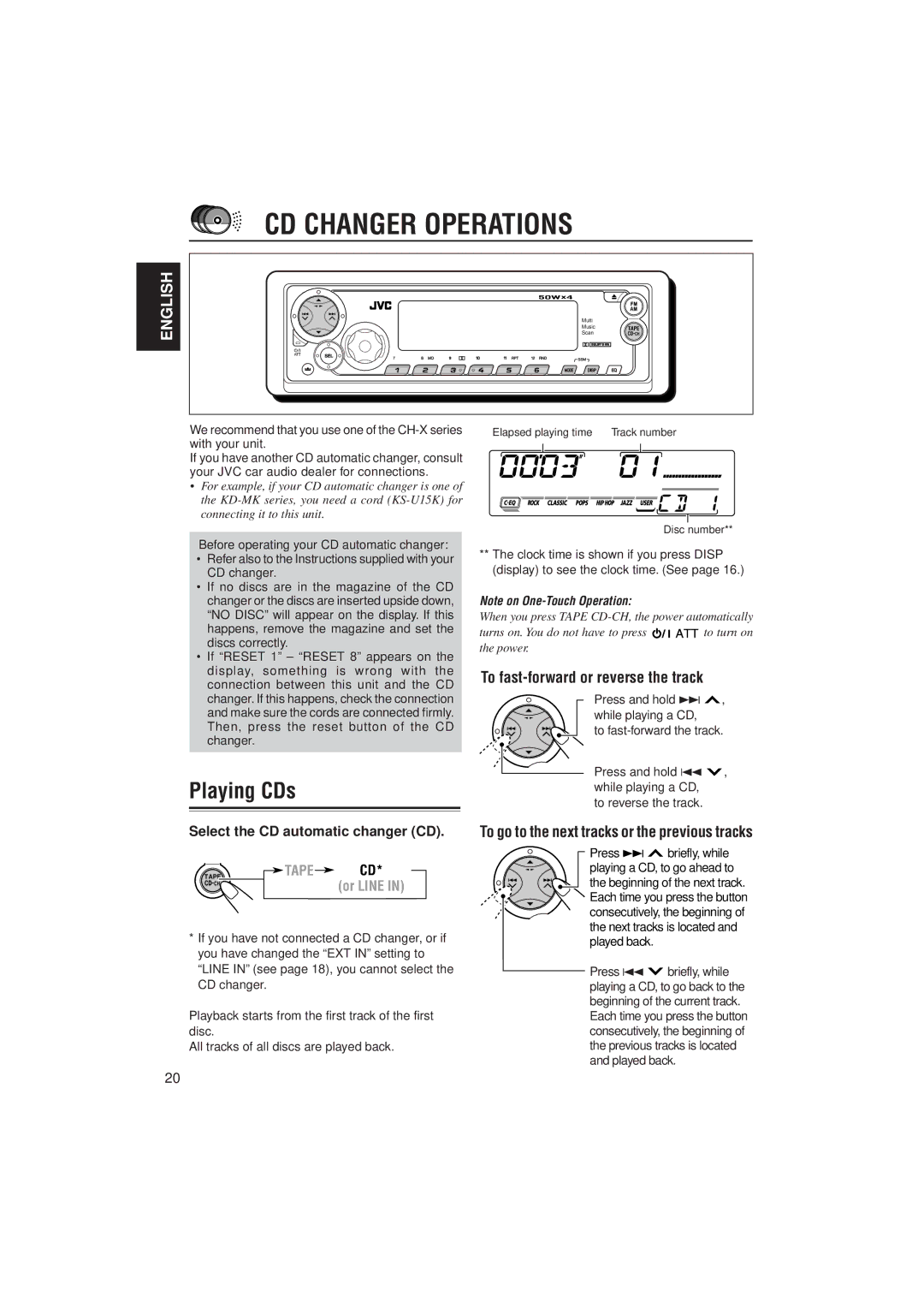 JVC KS-FX911 CD Changer Operations, Playing CDs, To fast-forward or reverse the track, Select the CD automatic changer CD 