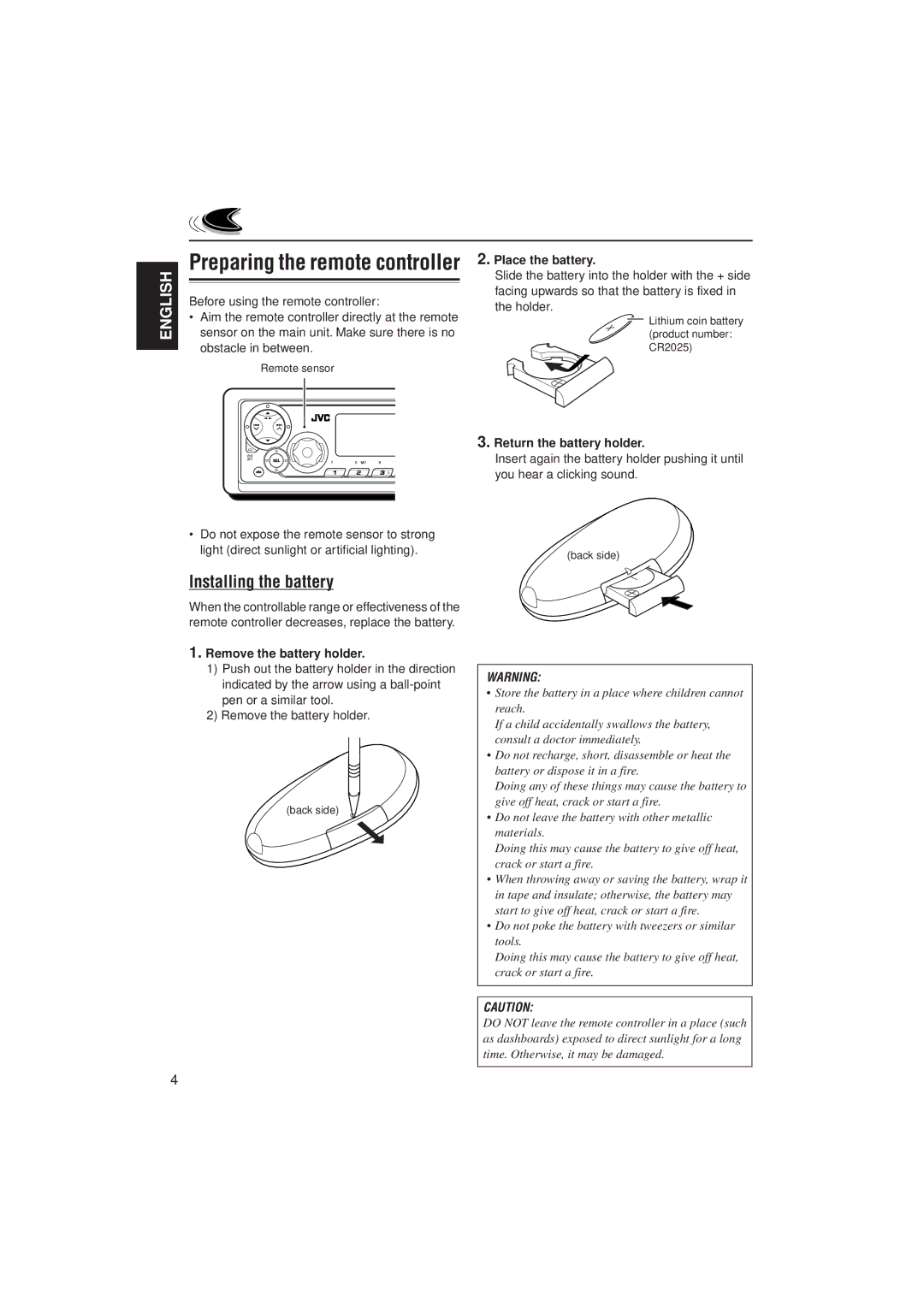 JVC KS-FX911, KS-FX811 Installing the battery, Place the battery, Return the battery holder, Remove the battery holder 