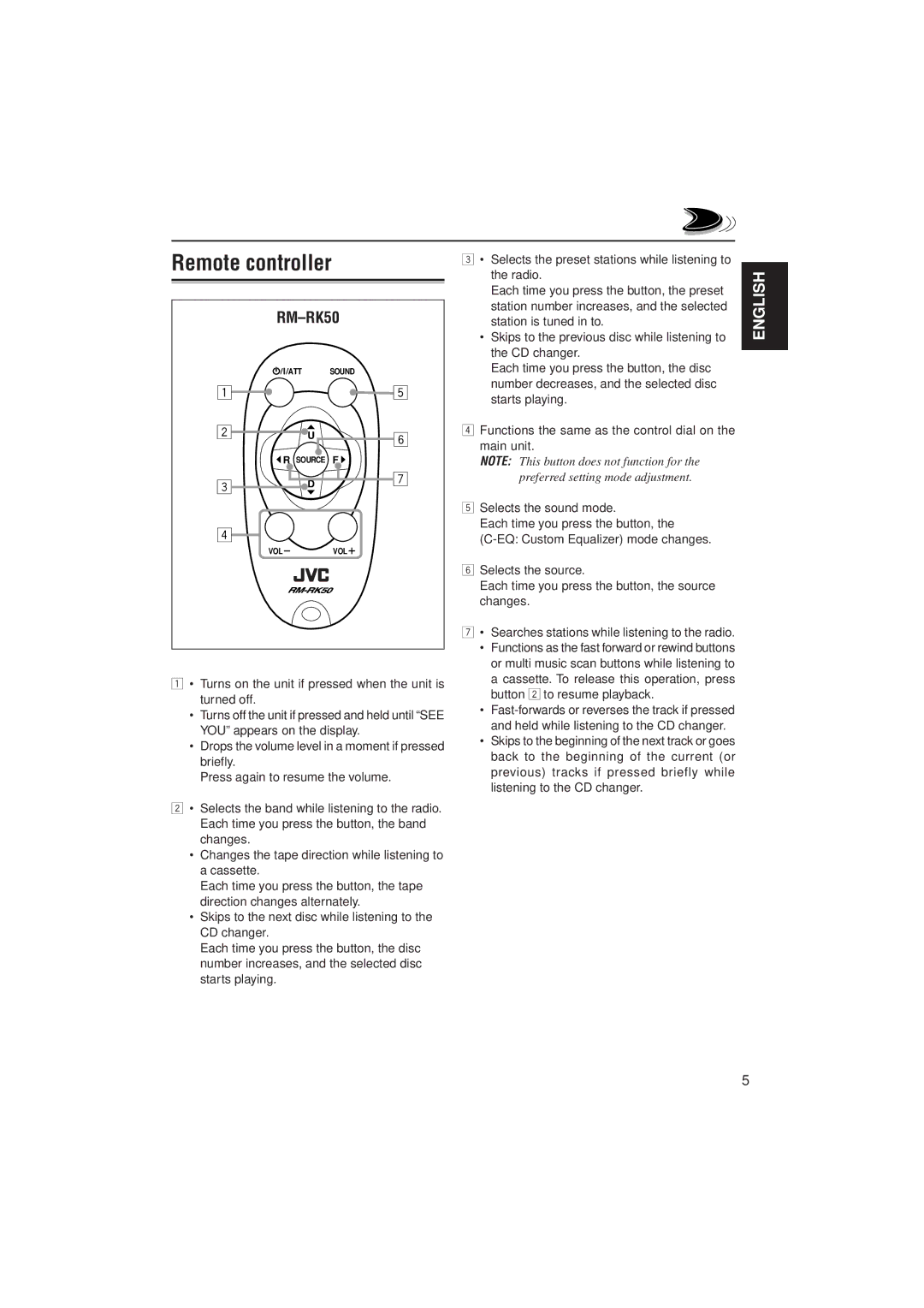 JVC KS-FX811, KS-FX911 manual Remote controller, RM-RK50 