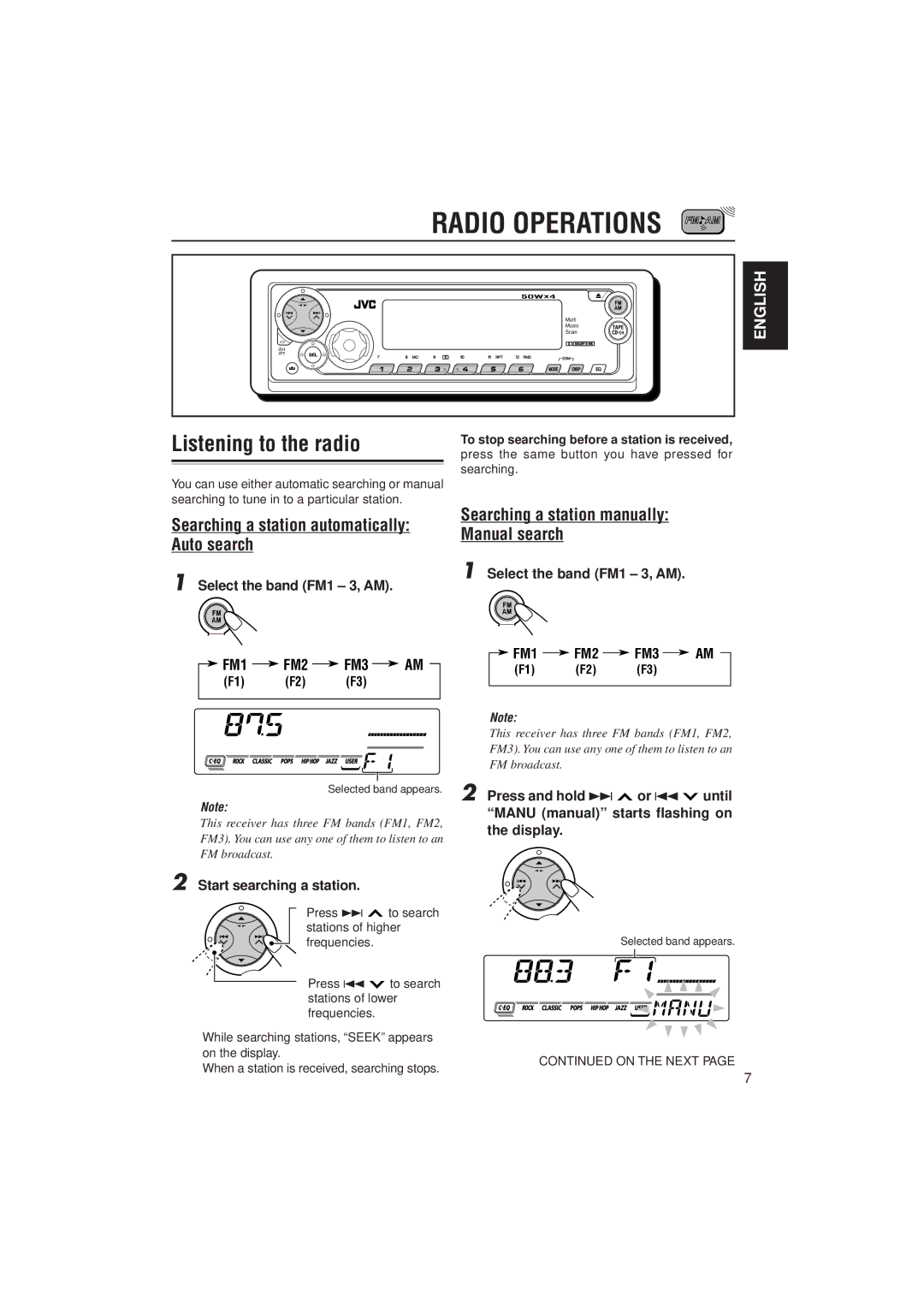 JVC KS-FX811, KS-FX911 Radio Operations, Listening to the radio, Searching a station automatically Auto search, FM1 FM2 