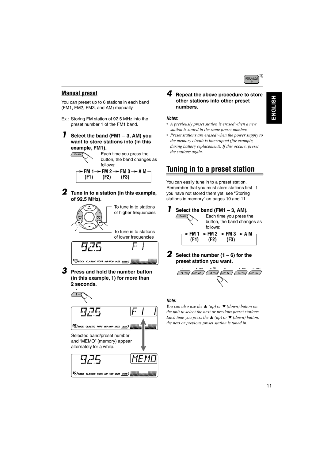 JVC KS-FX921 manual Manual preset, Tune in to a station in this example, of 92.5 MHz 