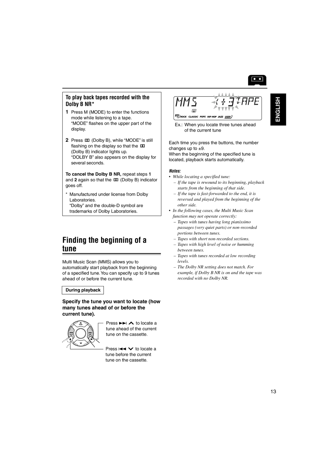 JVC KS-FX921 manual Finding the beginning of a tune, To play back tapes recorded with the Dolby B NR, During playback 