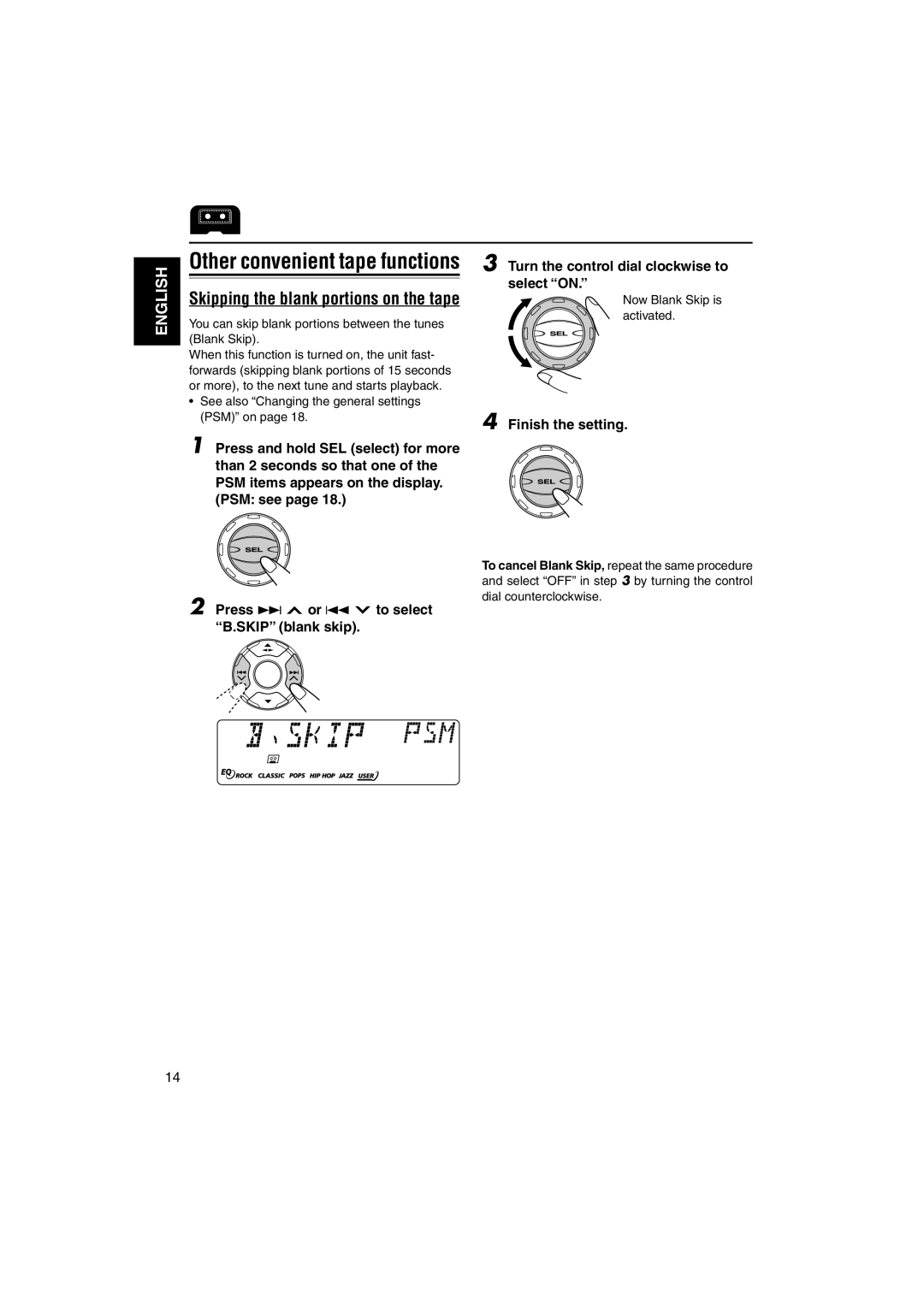 JVC KS-FX921 manual Skipping the blank portions on the tape, Press ¢ or 4 to select B.SKIP blank skip 