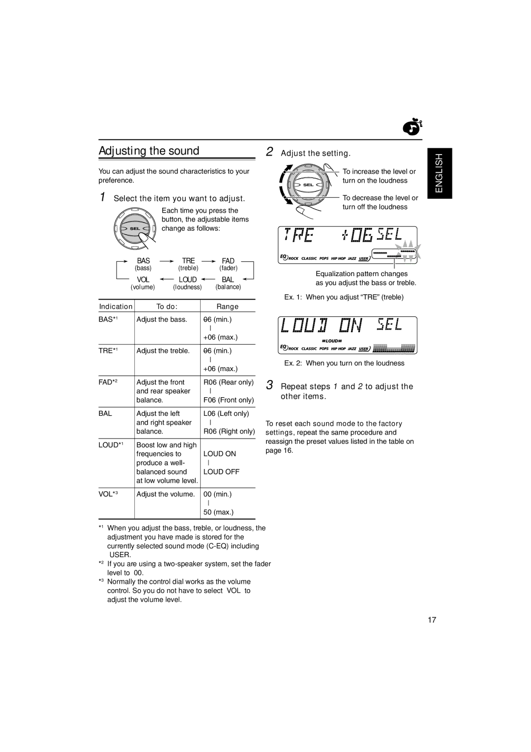 JVC KS-FX921 manual Adjusting the sound, Select the item you want to adjust, Adjust the setting 