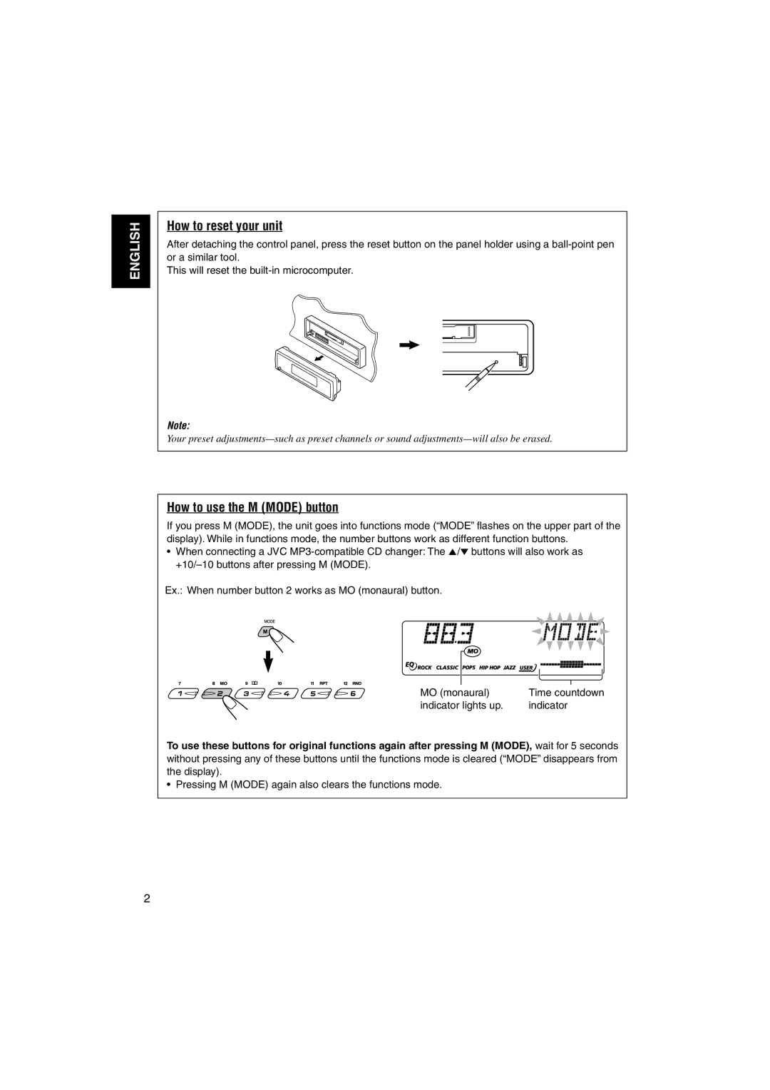 JVC KS-FX921 manual How to reset your unit, How to use the M Mode button, Indicator lights up 