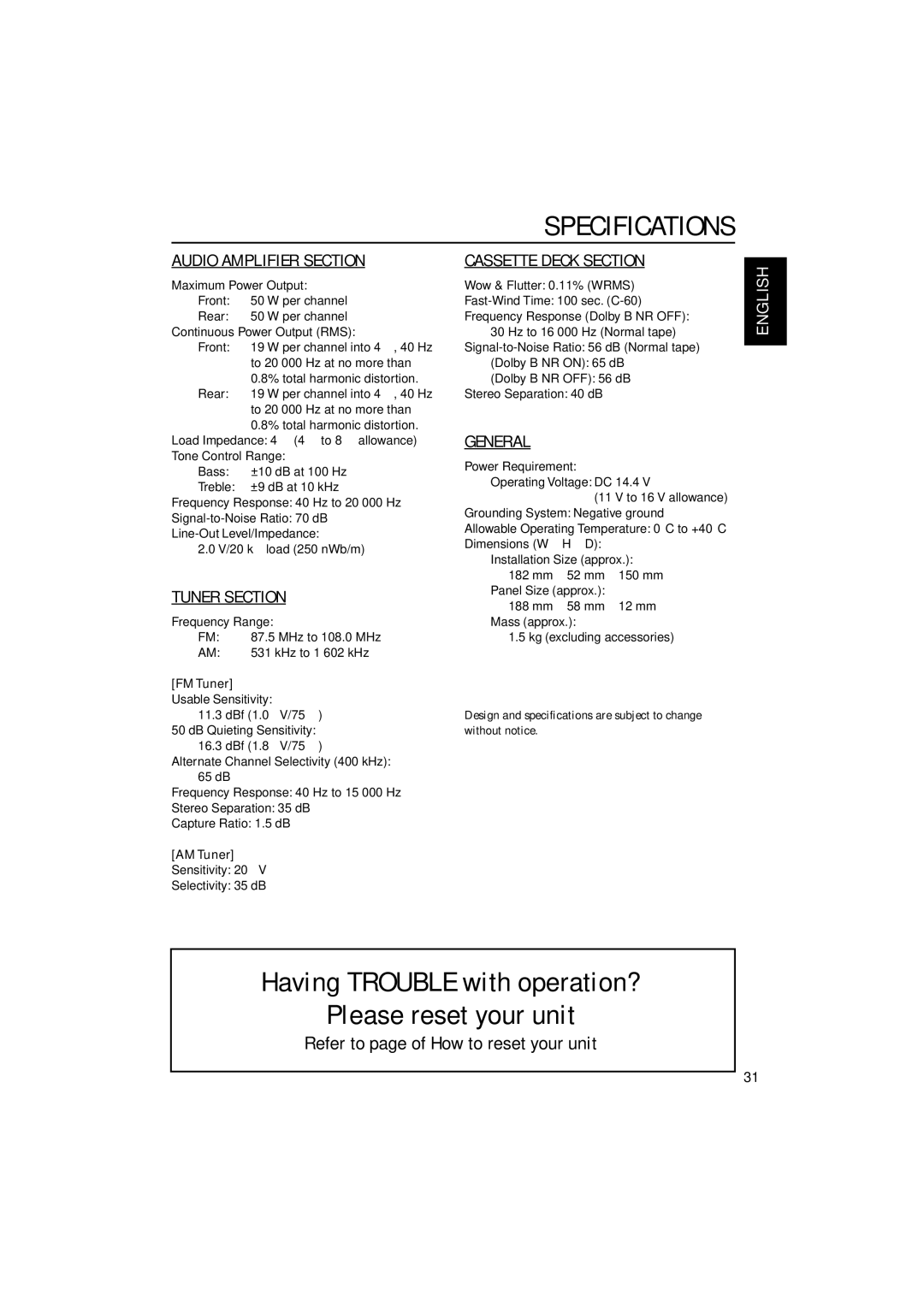 JVC KS-FX921 manual Specifications, FM Tuner, AM Tuner 