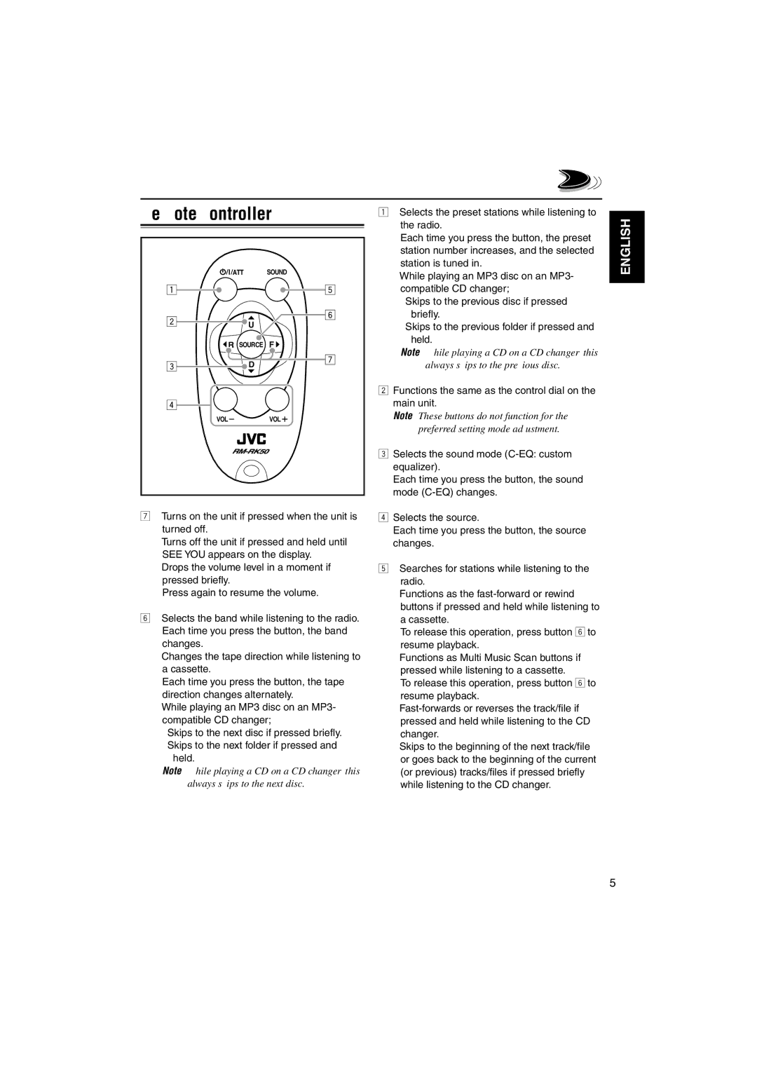 JVC KS-FX921 manual Remote controller 