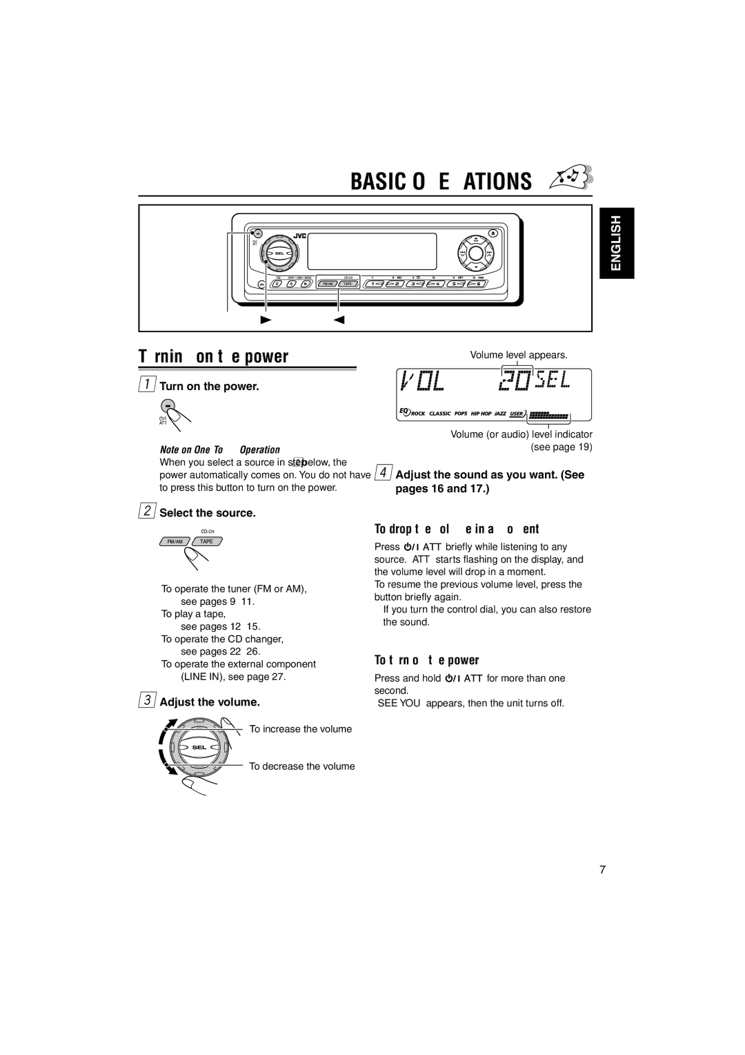 JVC KS-FX921 manual Basic Operations, Turning on the power, To drop the volume in a moment, To turn off the power 