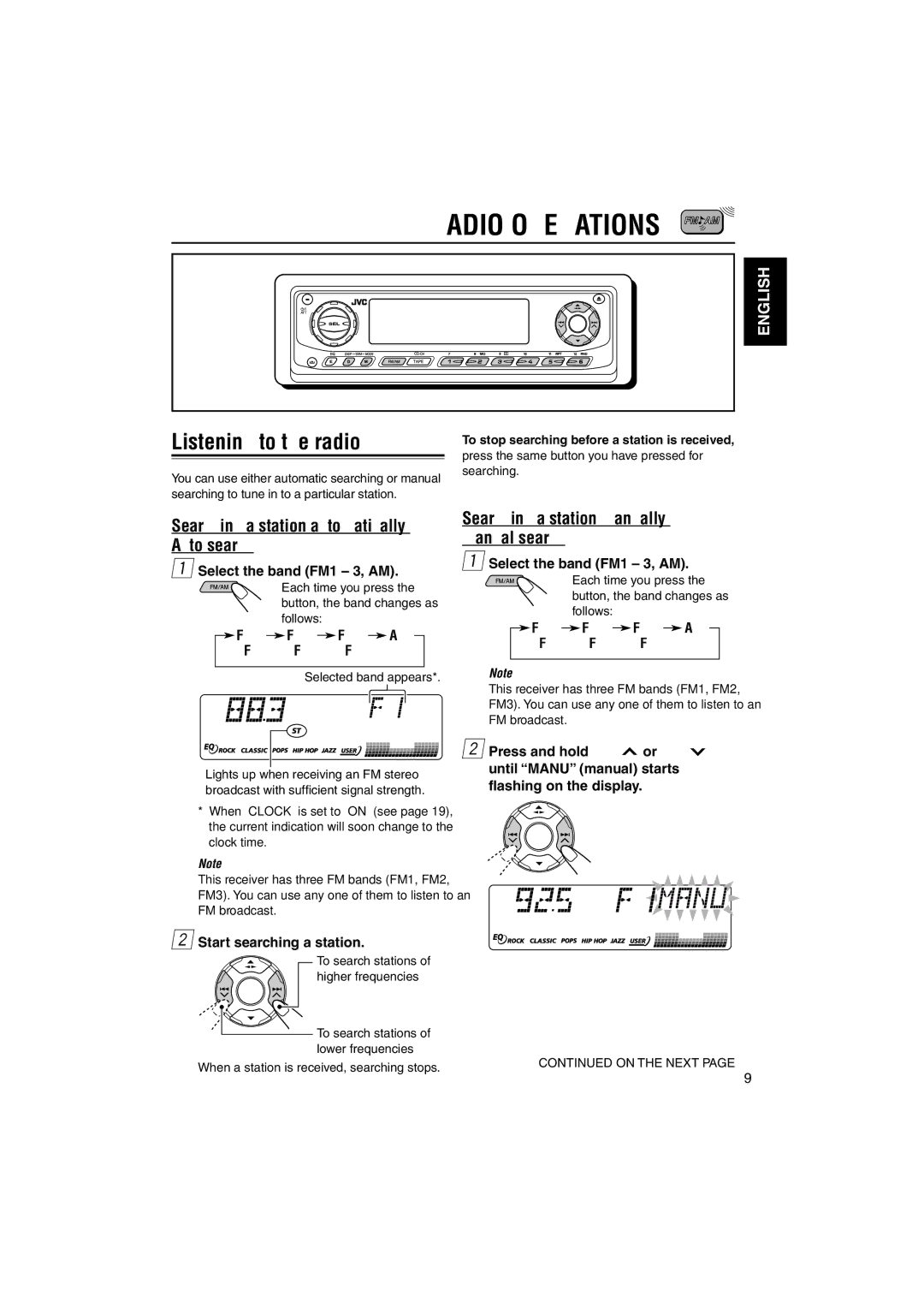 JVC KS-FX921 manual Radio Operations, Listening to the radio, Searching a station automatically Auto search 