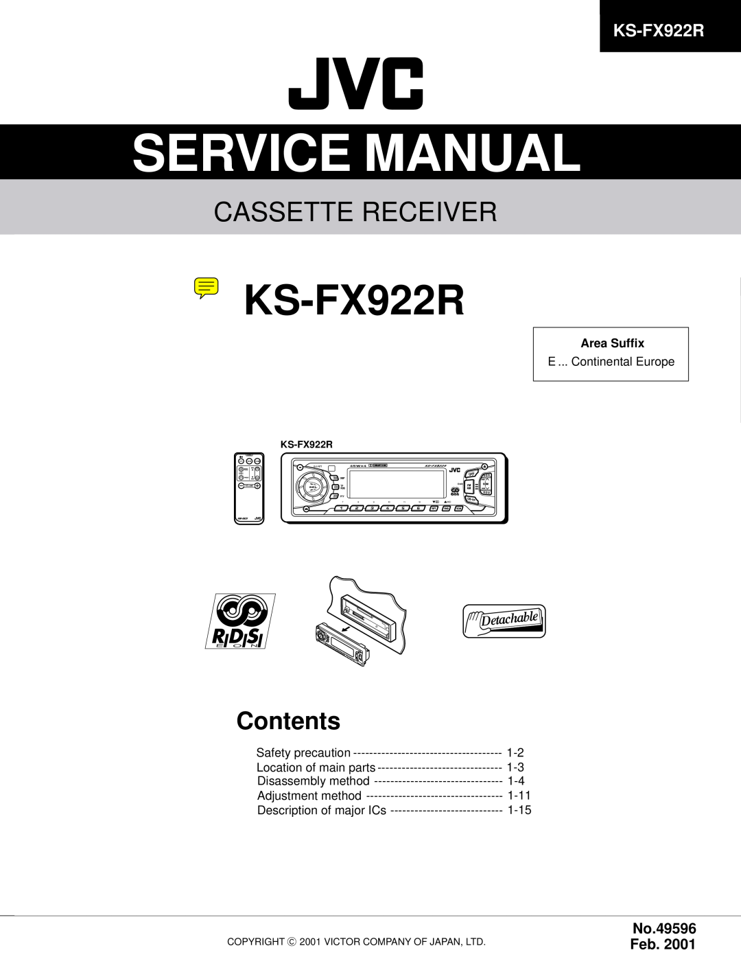 JVC KS-FX922R service manual Cassette Receiver, No.49596 Feb, Contents 
