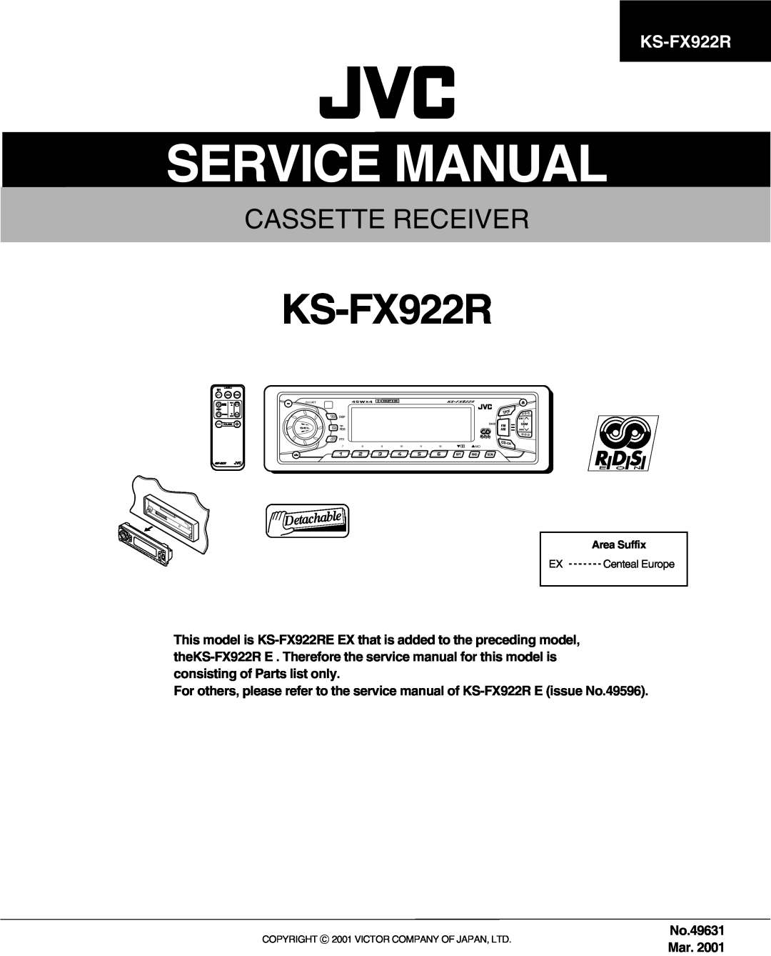 JVC KS-FX922R service manual Cassette Receiver, No.49631 Mar 