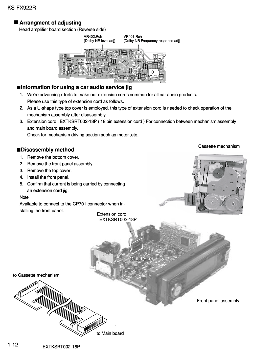 JVC KS-FX922R Arrangment of adjusting, Information for using a car audio service jig, Disassembly method, Main board 