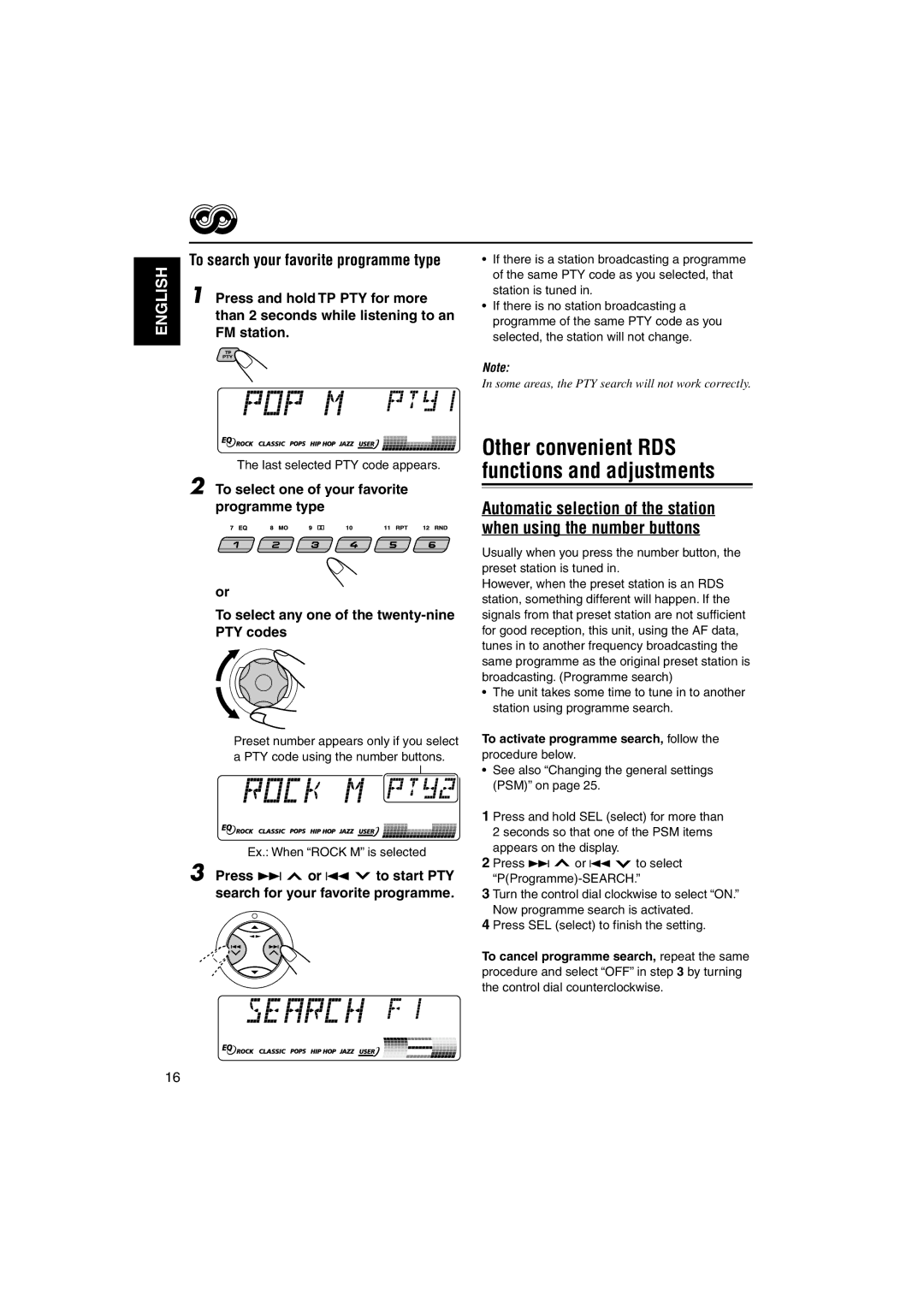 JVC KS-FX942R To search your favorite programme type, Press and hold TP PTY for more, Than 2 seconds while listening to an 