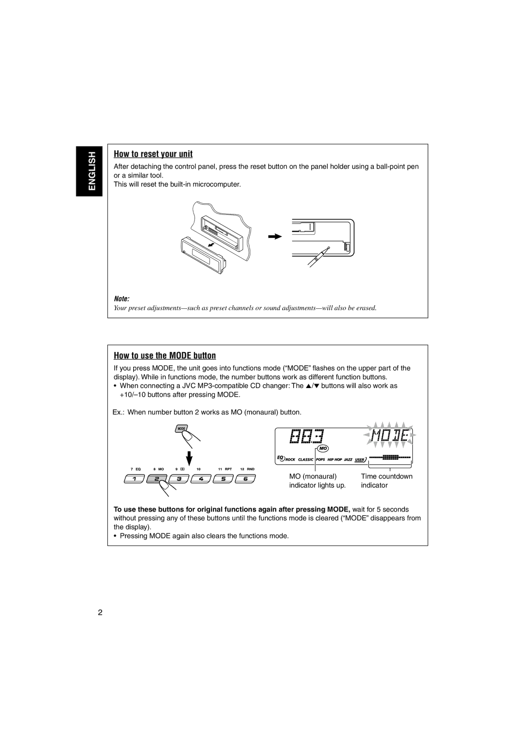 JVC KS-FX942R manual How to reset your unit, How to use the Mode button, Indicator lights up 