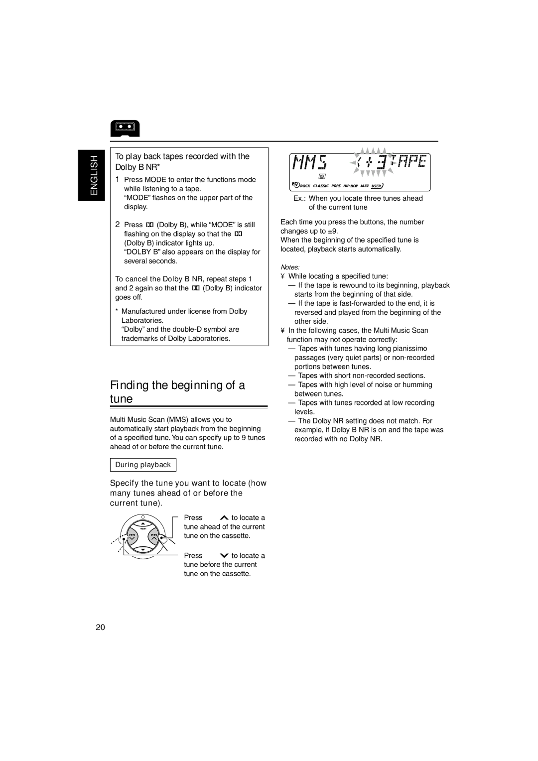 JVC KS-FX942R manual Finding the beginning of a tune, Dolby B NR, To play back tapes recorded with, During playback 