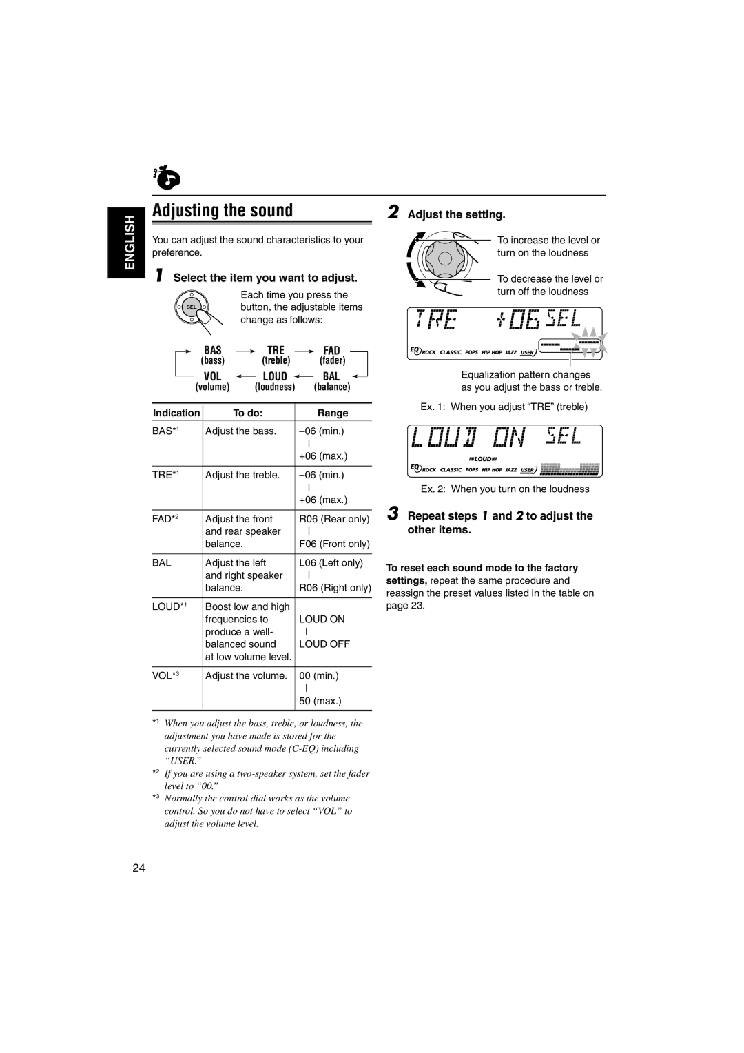 JVC KS-FX942R manual Adjusting the sound, Bas, Vol 