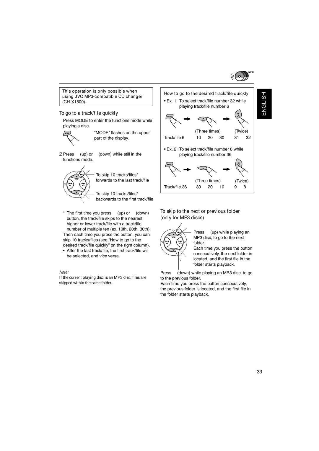 JVC KS-FX942R manual To go to a track/file quickly, To skip to the next or previous folder only for MP3 discs 