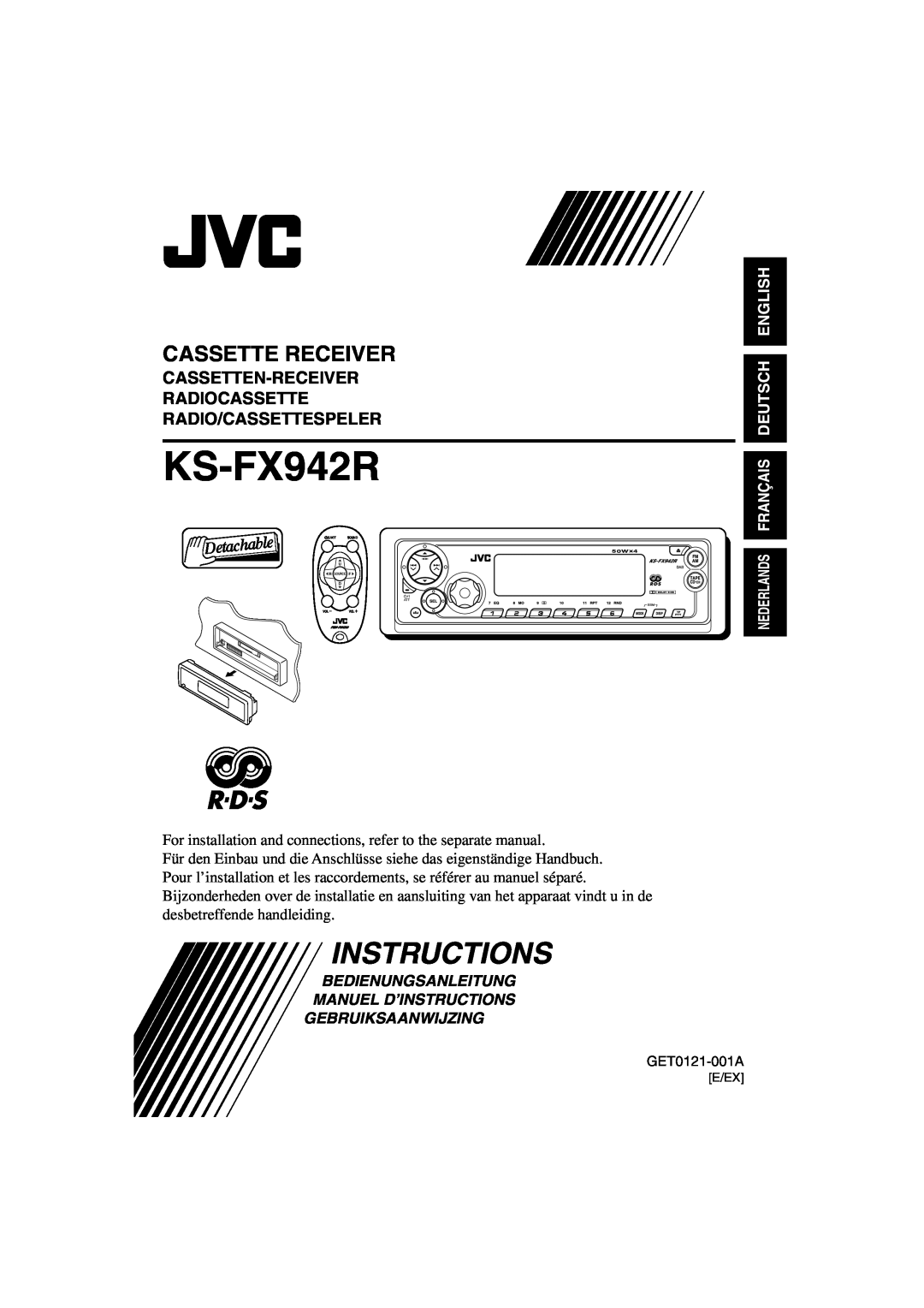 JVC KS-FX942R manual Cassette Receiver, English Deutsch, Bedienungsanleitung Manuel D’Instructions, Gebruiksaanwijzing 