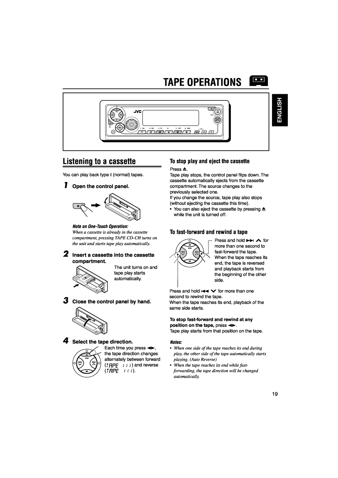JVC KS-FX942R manual Tape Operations, Listening to a cassette, English, To stop play and eject the cassette 