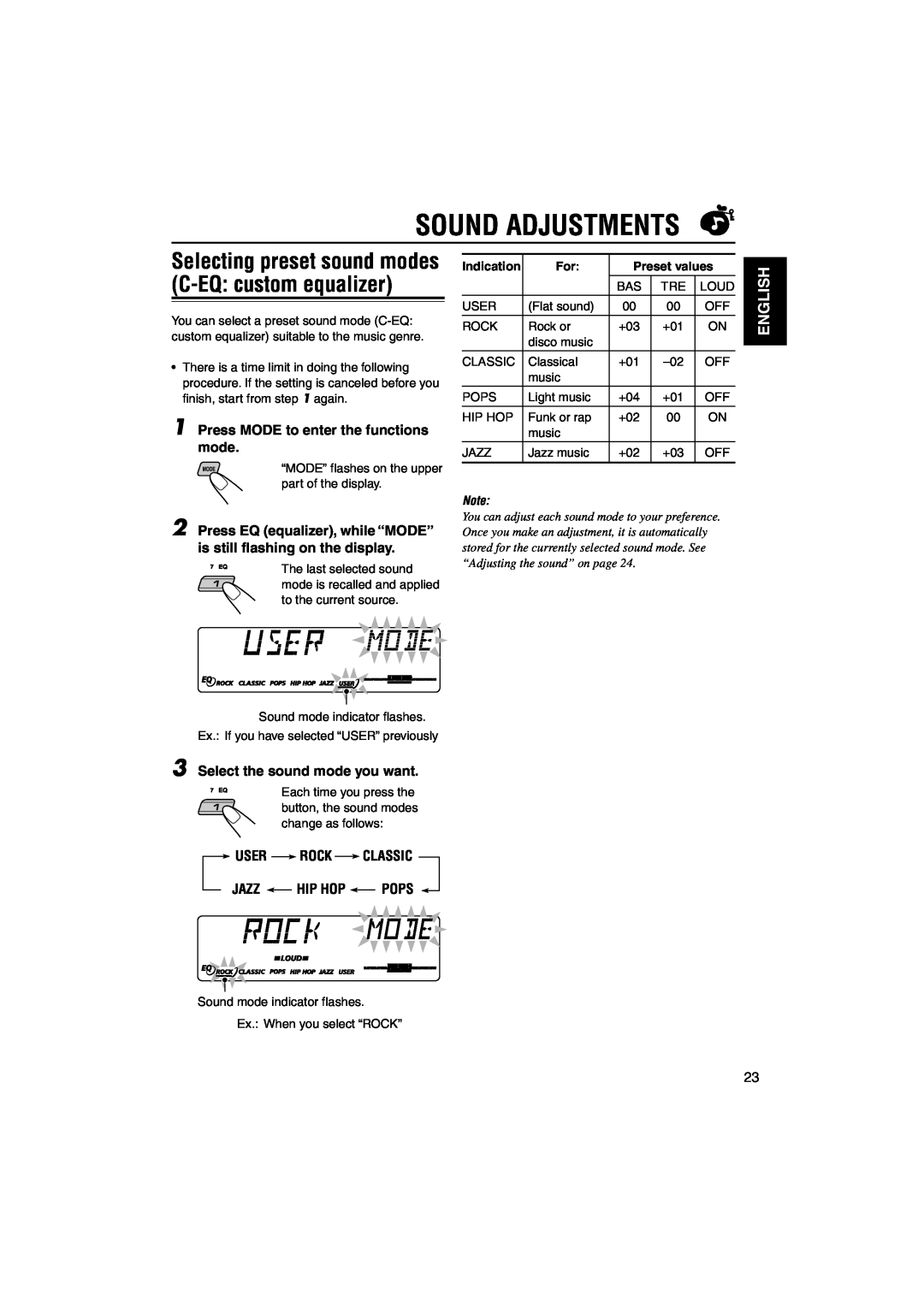 JVC KS-FX942R manual Sound Adjustments, English, Press MODE to enter the functions mode, Select the sound mode you want 