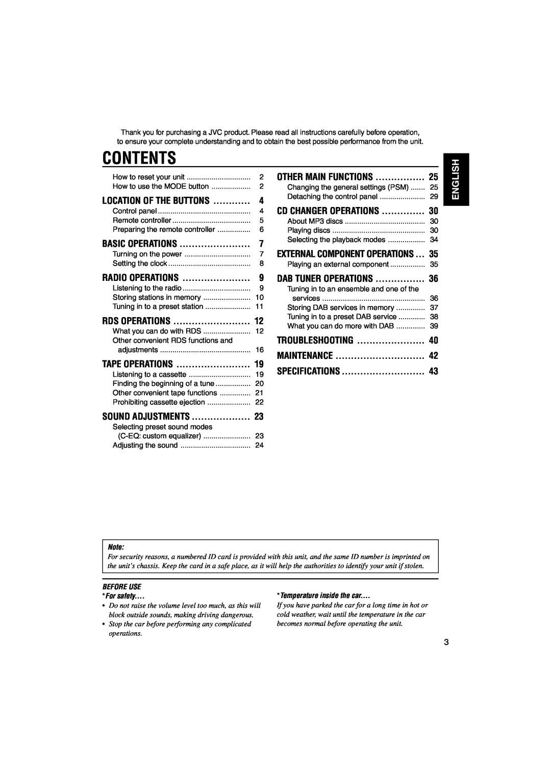 JVC KS-FX942R manual Contents, English, Maintenance 