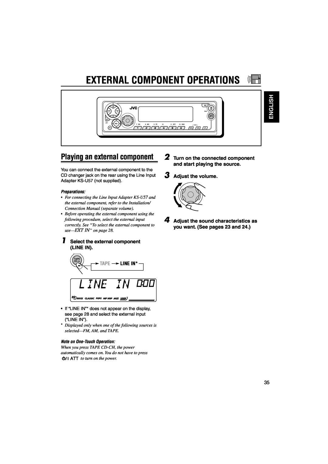 JVC KS-FX942R External Component Operations, Playing an external component, English, Select the external component LINE IN 