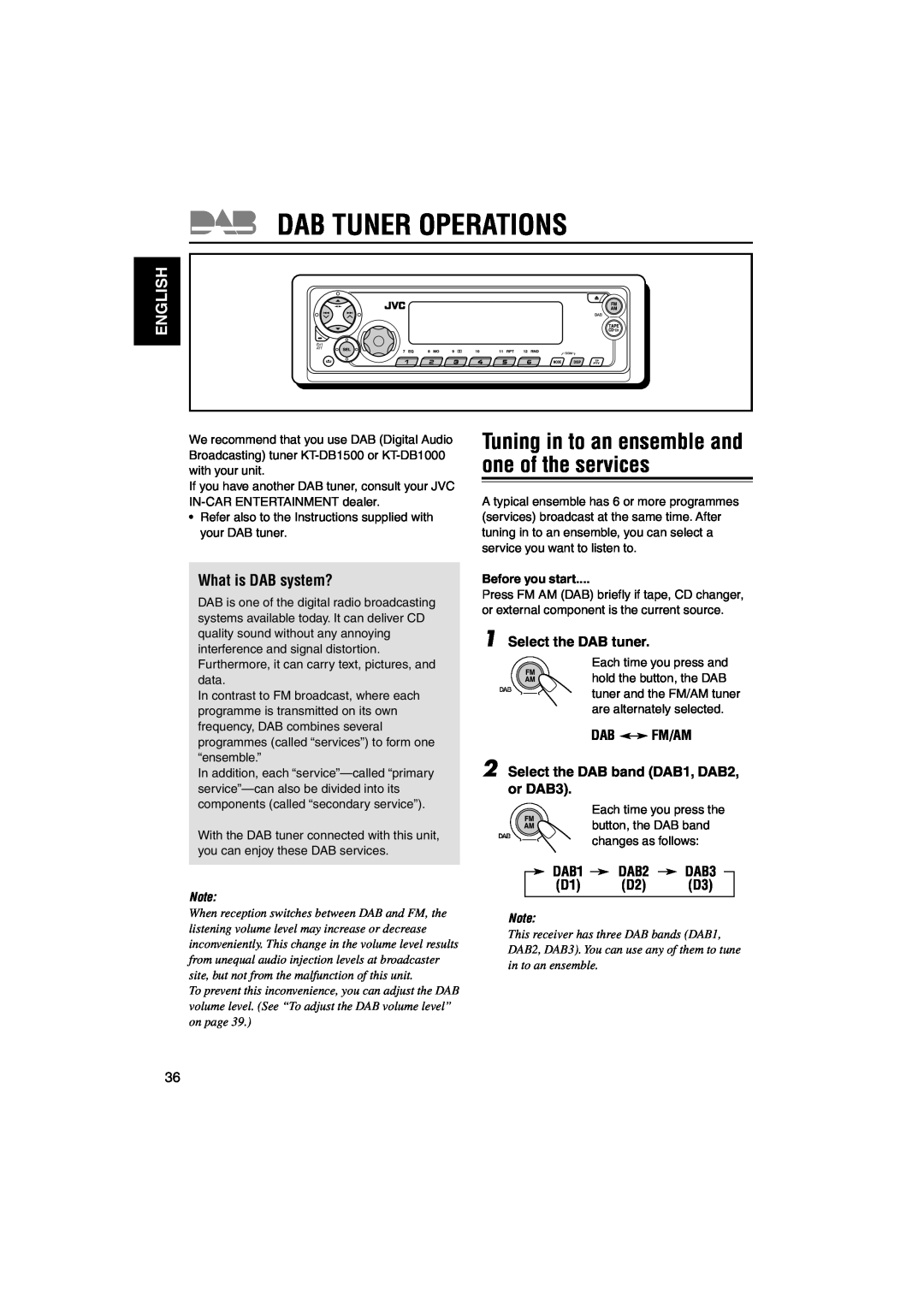 JVC KS-FX942R manual Dab Tuner Operations, Tuning in to an ensemble and one of the services, English, What is DAB system? 