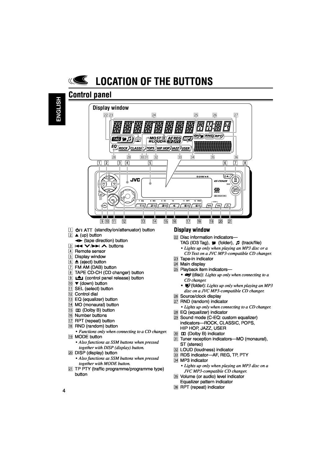 JVC KS-FX942R manual Location Of The Buttons, Control panel, English, Display window 