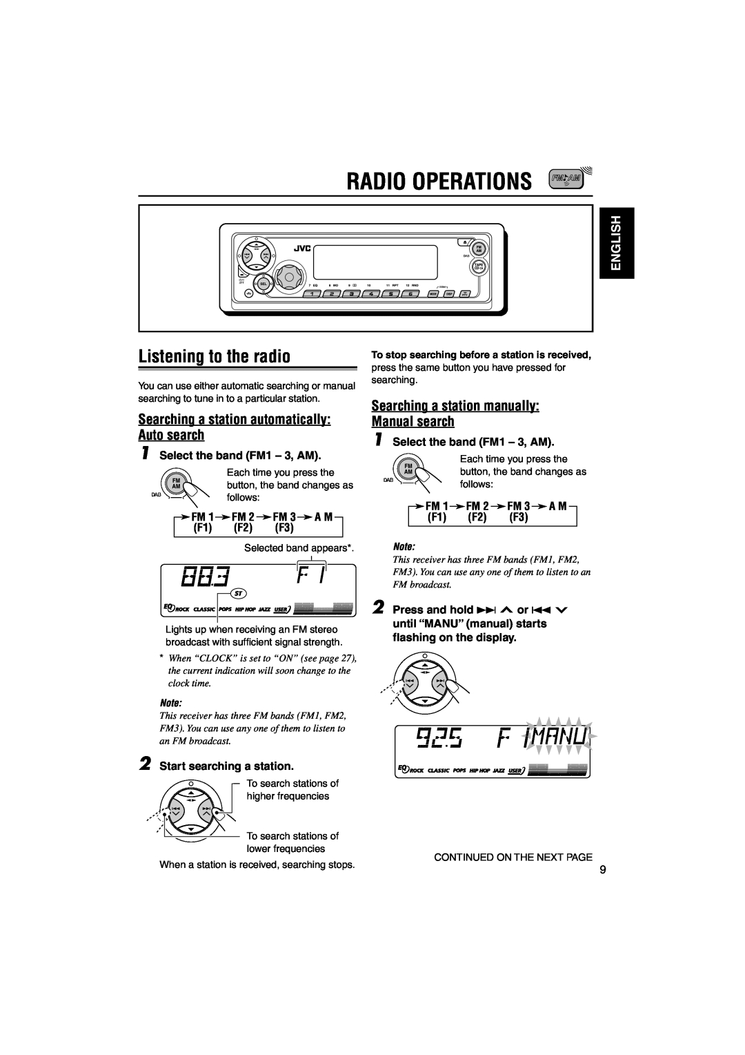 JVC KS-FX942R manual Radio Operations, Listening to the radio, Searching a station automatically Auto search, English 