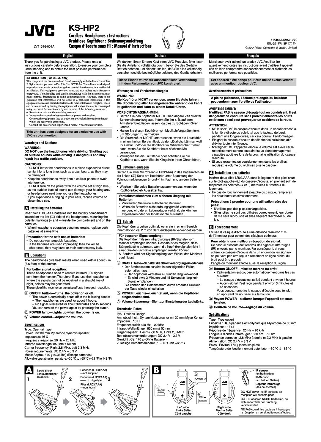 JVC KS-HP2 specifications Cordless Headphones Instructions, Drahtlose Kopfhörer Bedienungsanleitung, English, Deutsch 