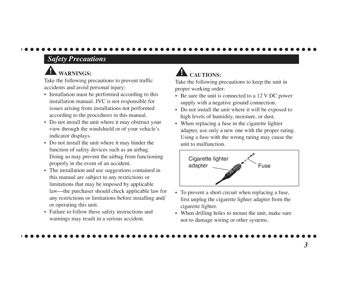 JVC KS-K6001, KS-K6002 manual Safety Precautions, Cigarette lighter Adapter 