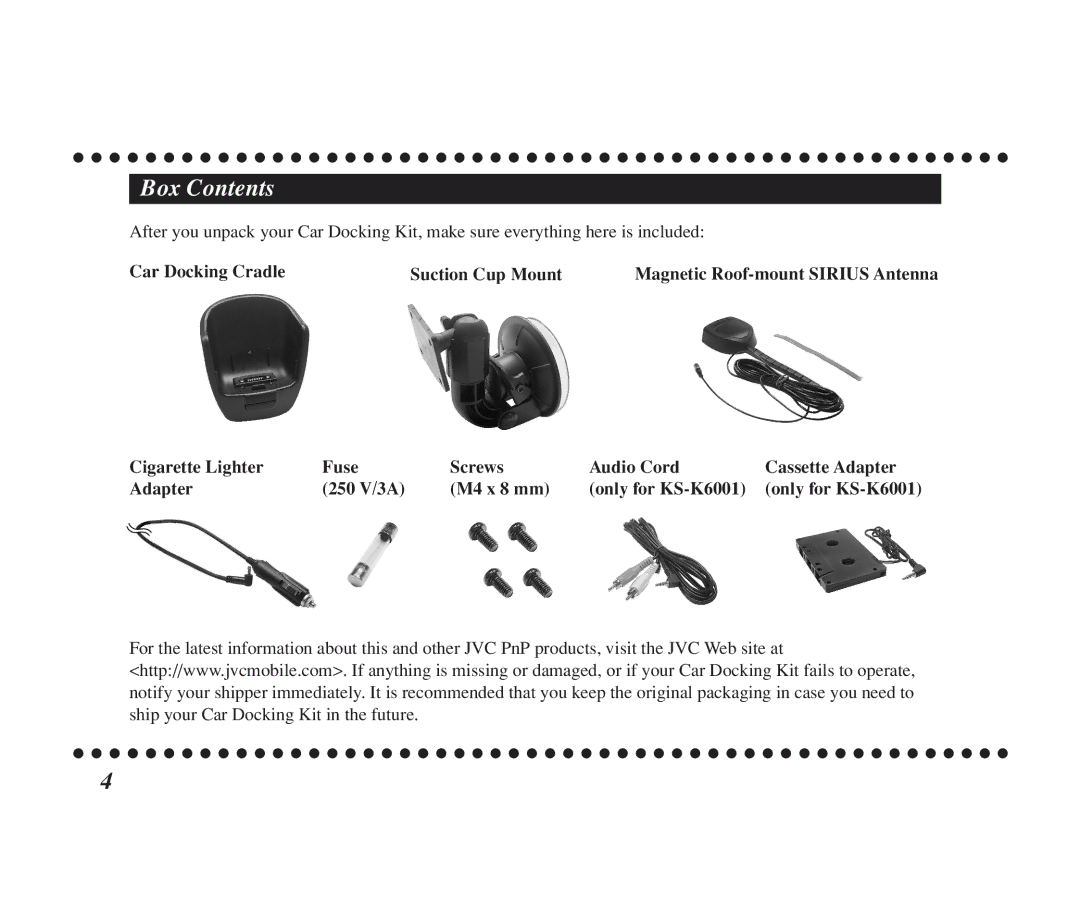 JVC KS-K6002, KS-K6001 manual Box Contents 