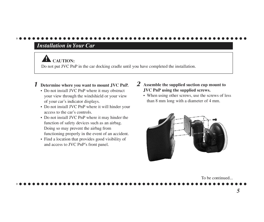 JVC KS-K6001, KS-K6002 manual Installation in Your Car, JVC PnP using the supplied screws 