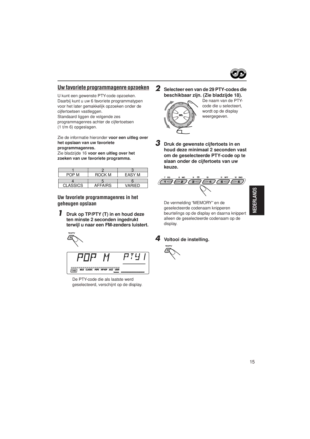 JVC KS-LH6R, KS-LH4R manual Uw favoriete programmagenres in het geheugen opslaan, Uw favoriete programmagenre opzoeken 