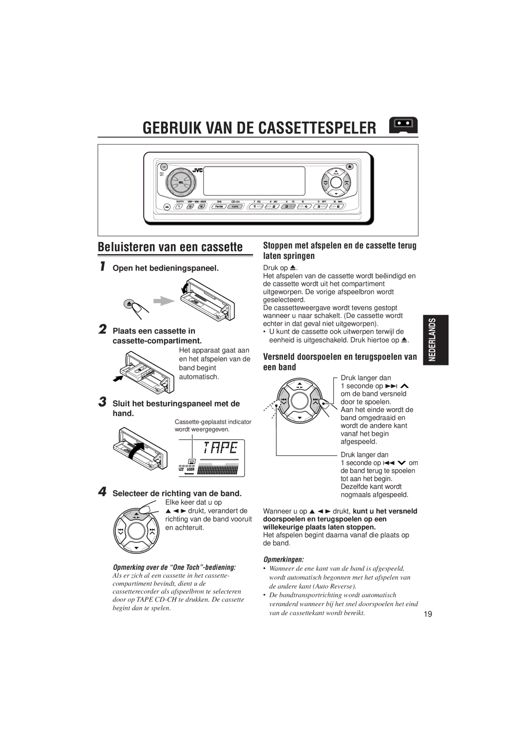 JVC KS-LH6R Gebruik VAN DE Cassettespeler, Beluisteren van een cassette, Versneld doorspoelen en terugspoelen van een band 