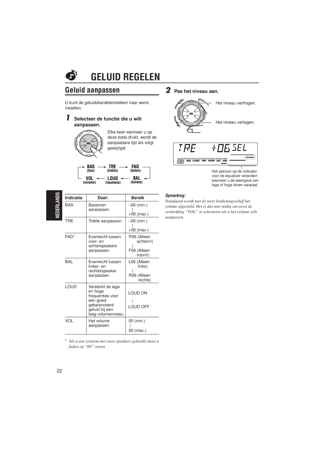 JVC KS-LH4R Geluid Regelen, Geluid aanpassen, Pas het niveau aan, Selecteer de functie die u wilt aanpassen, Doel Bereik 