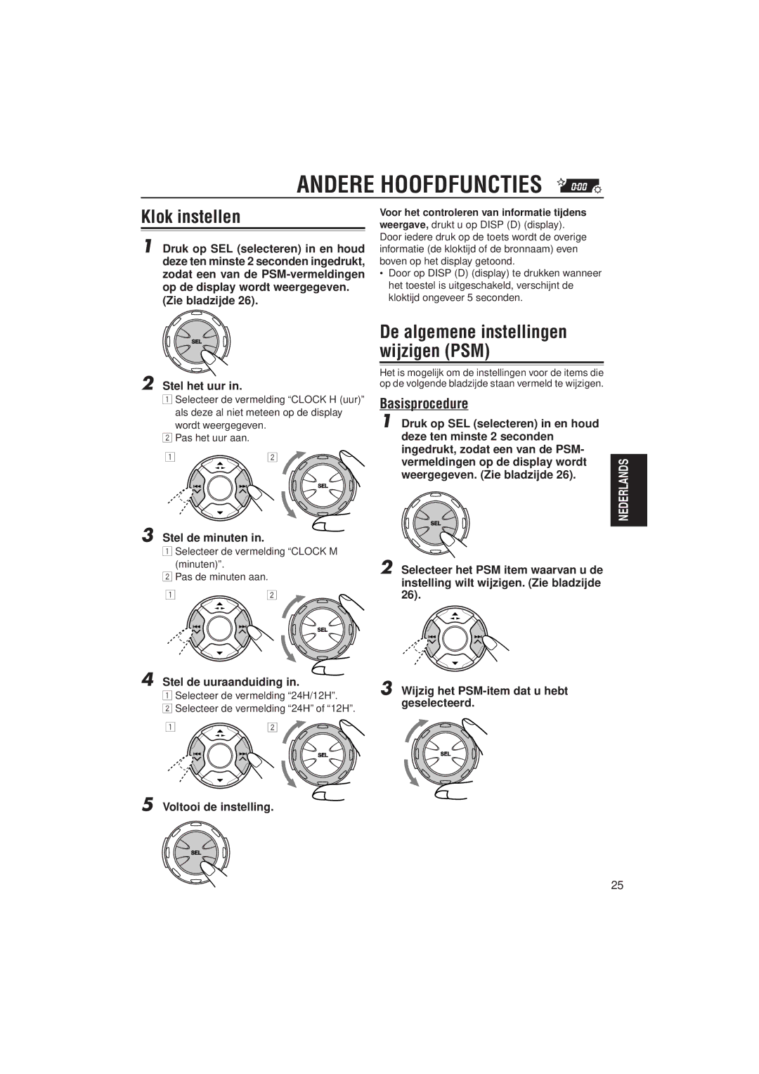 JVC KS-LH6R, KS-LH4R manual Andere Hoofdfuncties, Klok instellen, De algemene instellingen wijzigen PSM, Basisprocedure 