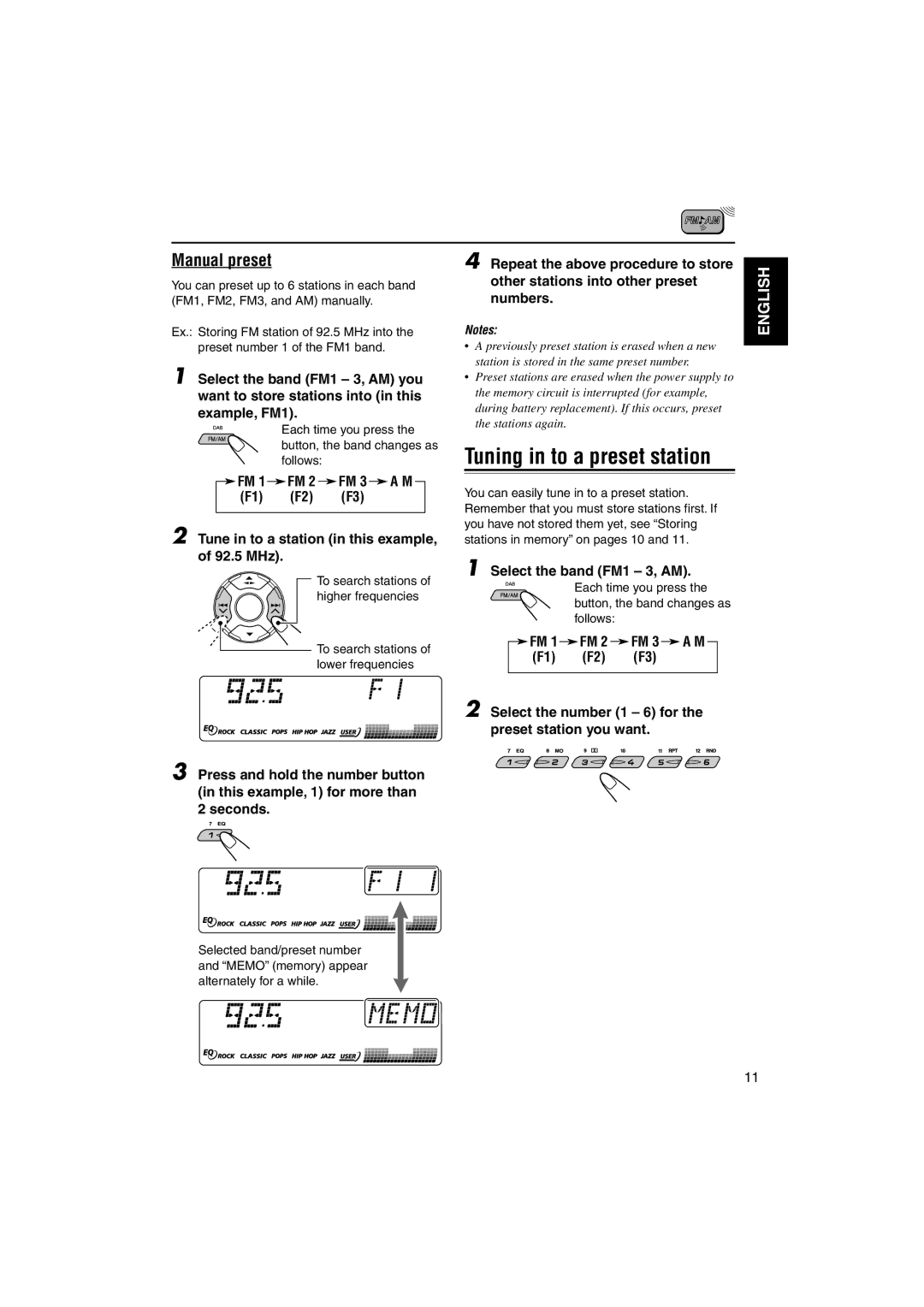 JVC KS-LH60R manual Manual preset, Tune in to a station in this example, of 92.5 MHz, FM 1 FM 2 FM 3 a M F1 F2 F3, Follows 