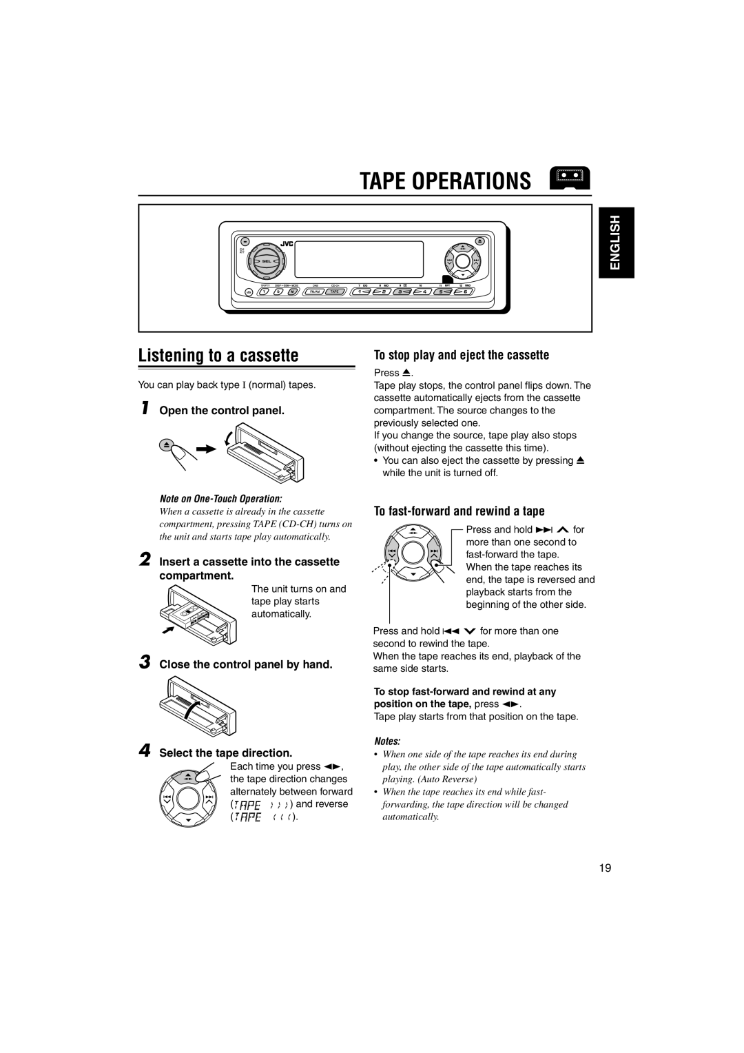 JVC KS-LH60R manual Tape Operations, Listening to a cassette, To stop play and eject the cassette 