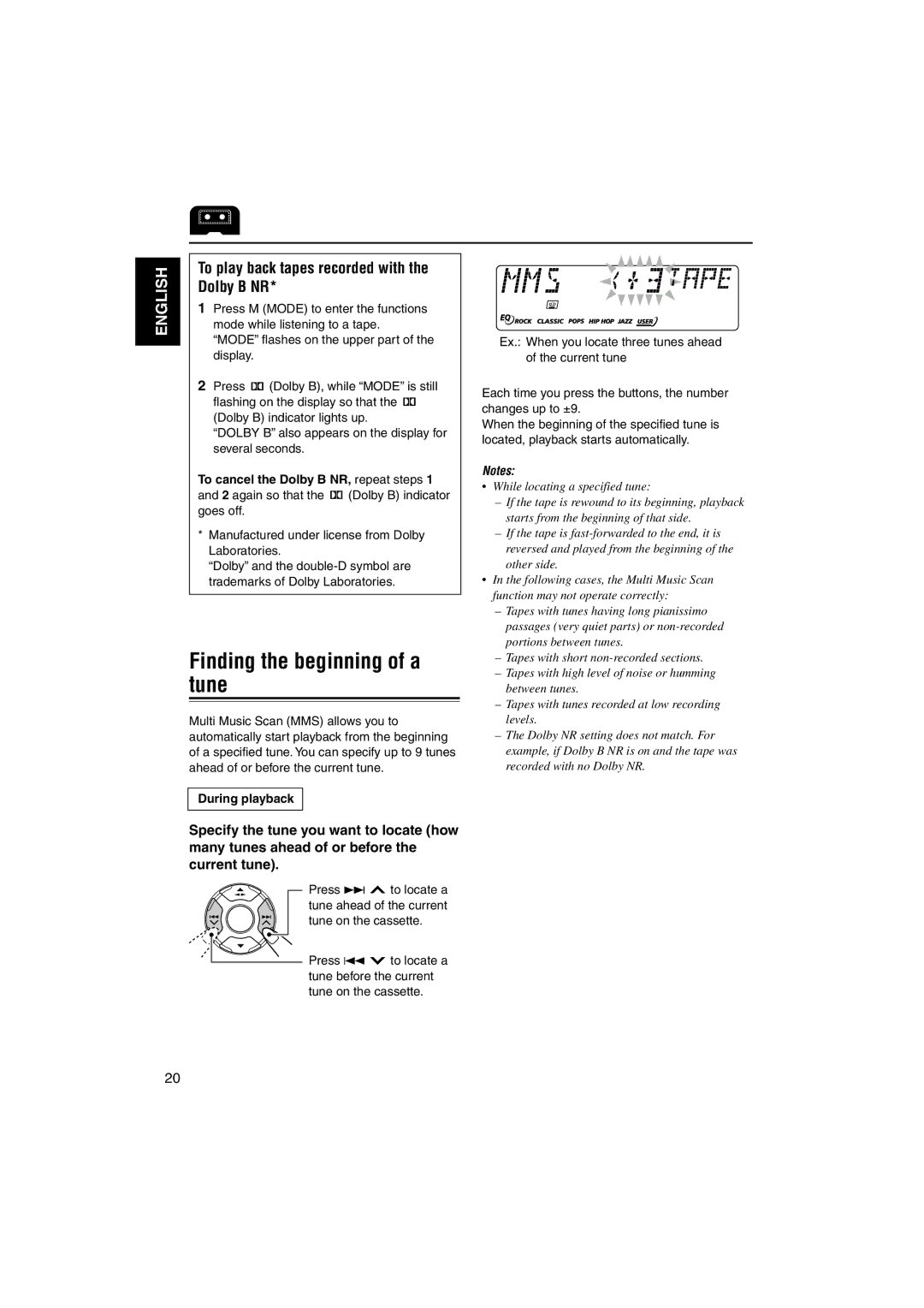 JVC KS-LH60R manual Finding the beginning of a tune, Dolby B NR, To play back tapes recorded with, During playback 