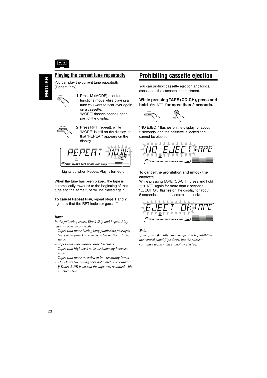 JVC KS-LH60R manual Prohibiting cassette ejection, Playing the current tune repeatedly 