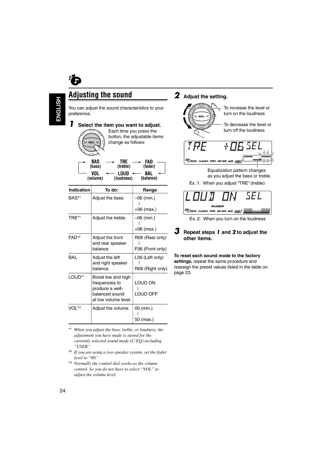 JVC KS-LH60R manual Adjusting the sound, Select the item you want to adjust, Vol, Adjust the setting 