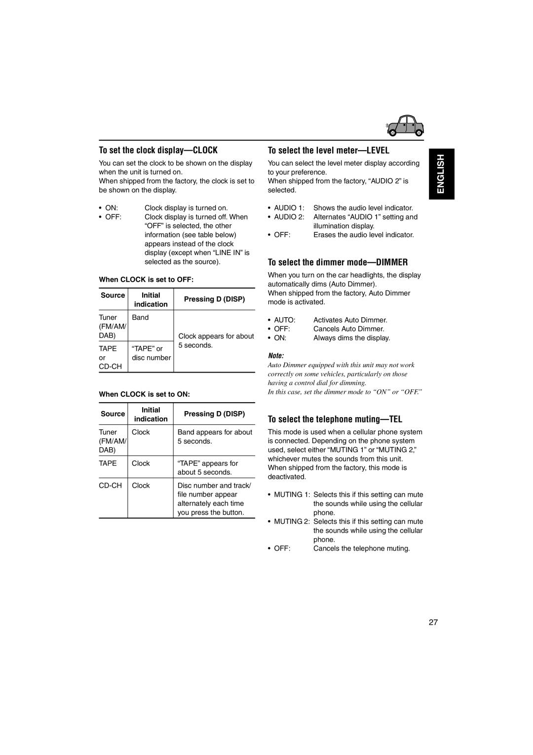 JVC KS-LH60R manual To set the clock display-CLOCK, To select the level meter-LEVEL, To select the dimmer mode-DIMMER 