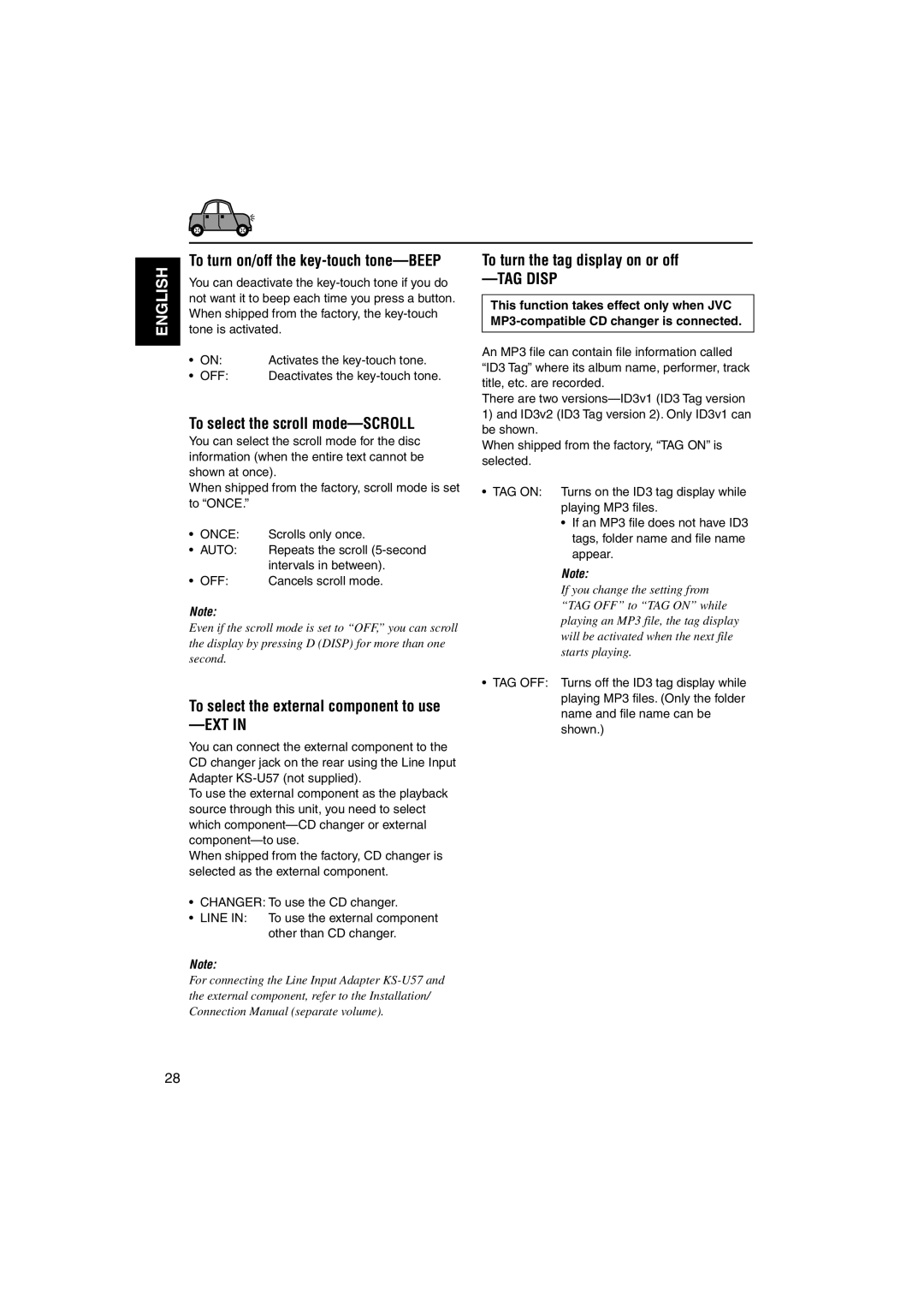 JVC KS-LH60R To select the scroll mode-SCROLL, To turn the tag display on or off, To turn on/off the key-touch tone-BEEP 