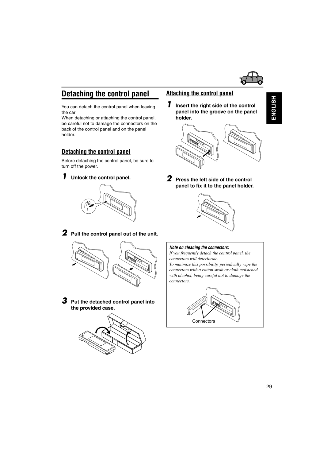 JVC KS-LH60R manual Detaching the control panel, Attaching the control panel, Connectors 