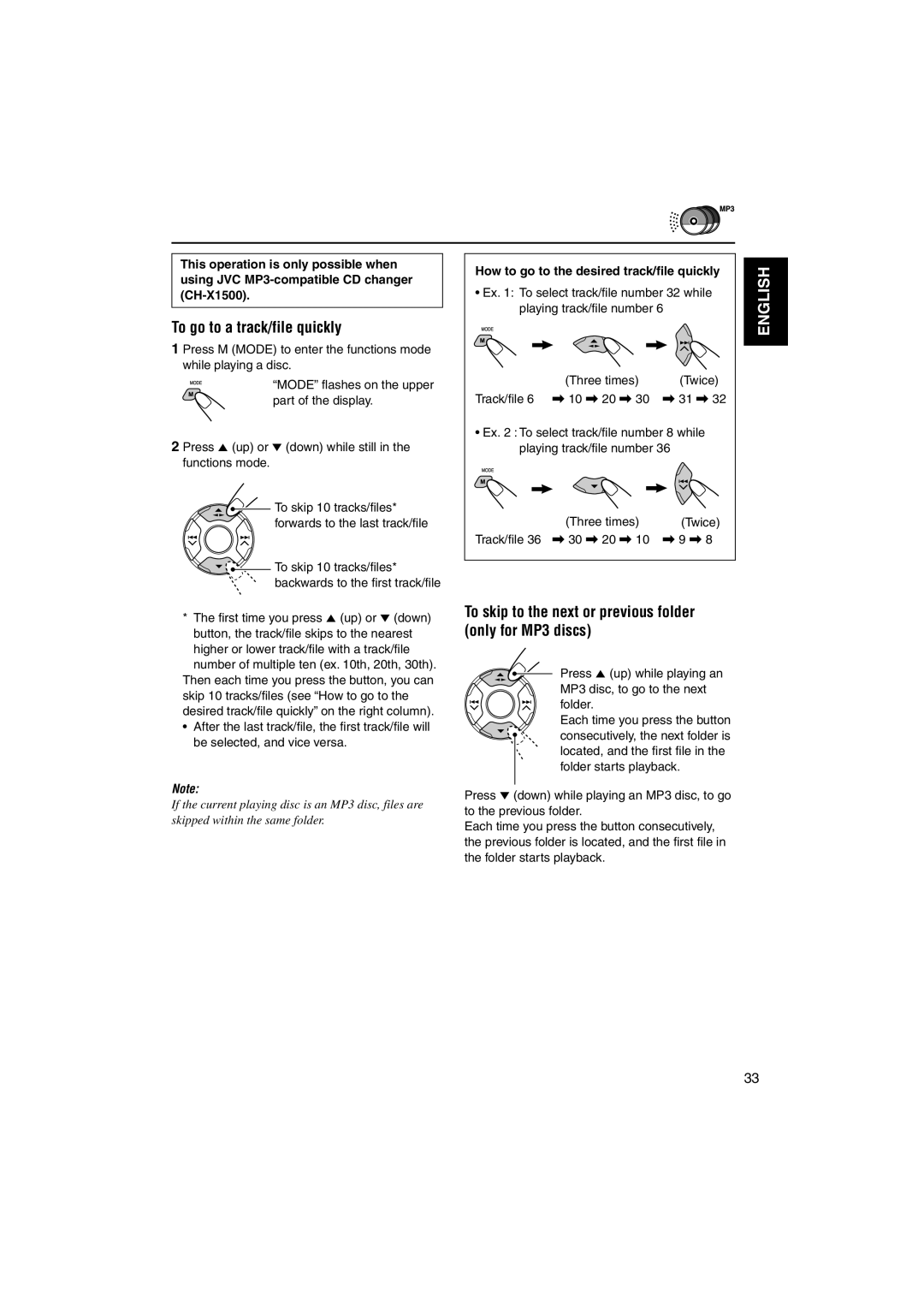 JVC KS-LH60R manual To go to a track/file quickly, To skip to the next or previous folder only for MP3 discs 