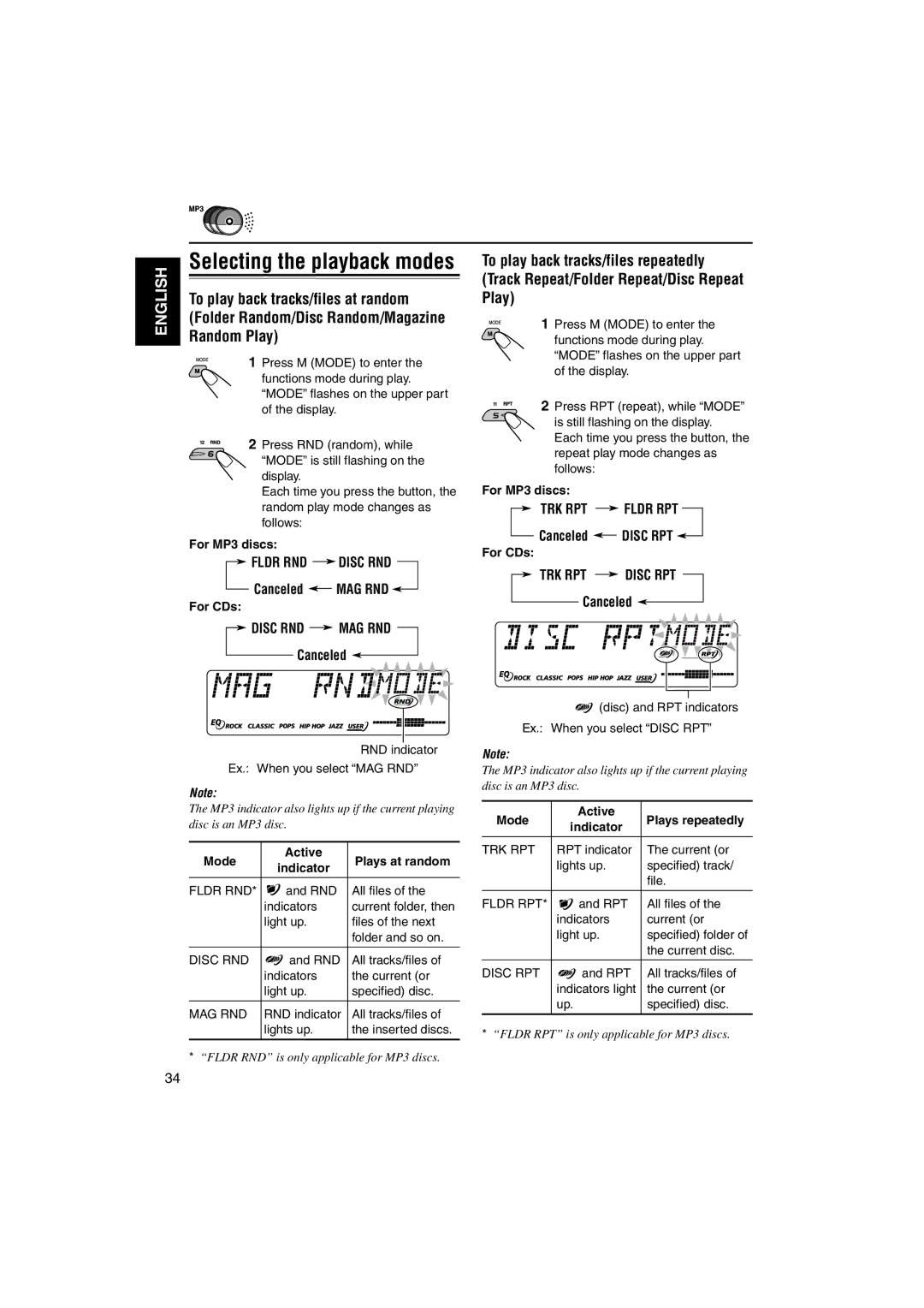 JVC KS-LH60R manual To play back tracks/files at random, Random Play, Disc RND MAG RND, TRK RPT Fldr RPT, TRK RPT Disc RPT 